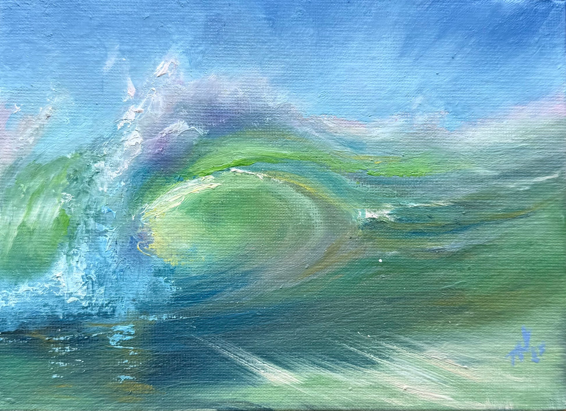 Oil painting featuring the big Green wave, glowing surf against the blue sky.