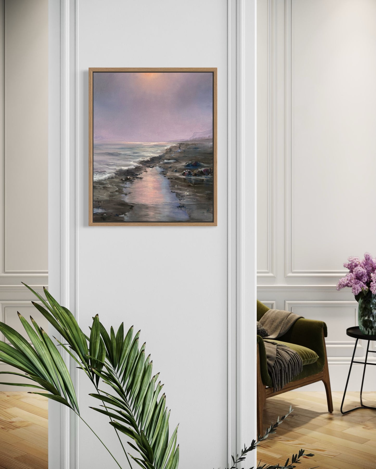 Dog walking on a hazy beach, 41x51 cm, original oil painting, seascape