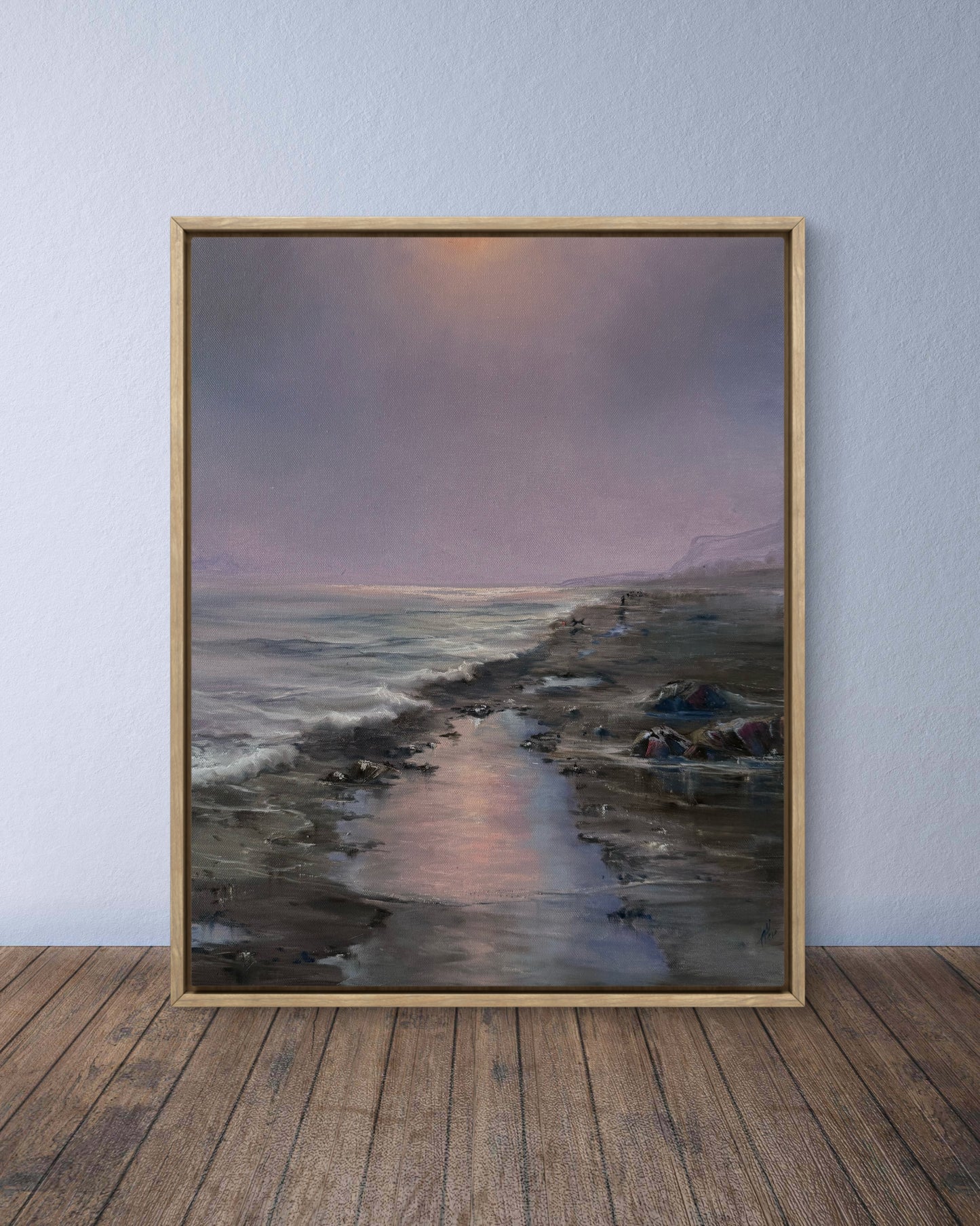 Dog walking on a hazy beach, 41x51 cm, original oil painting, seascape