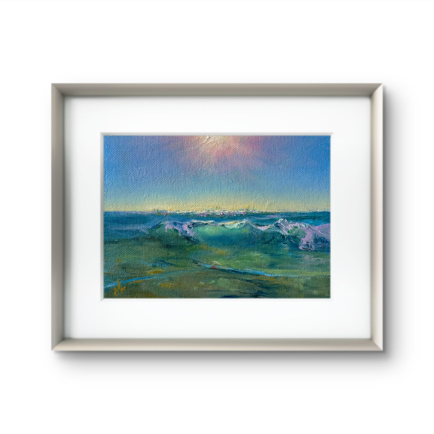 Sunny seascape, beach painting featuring blue. Perfect gift.