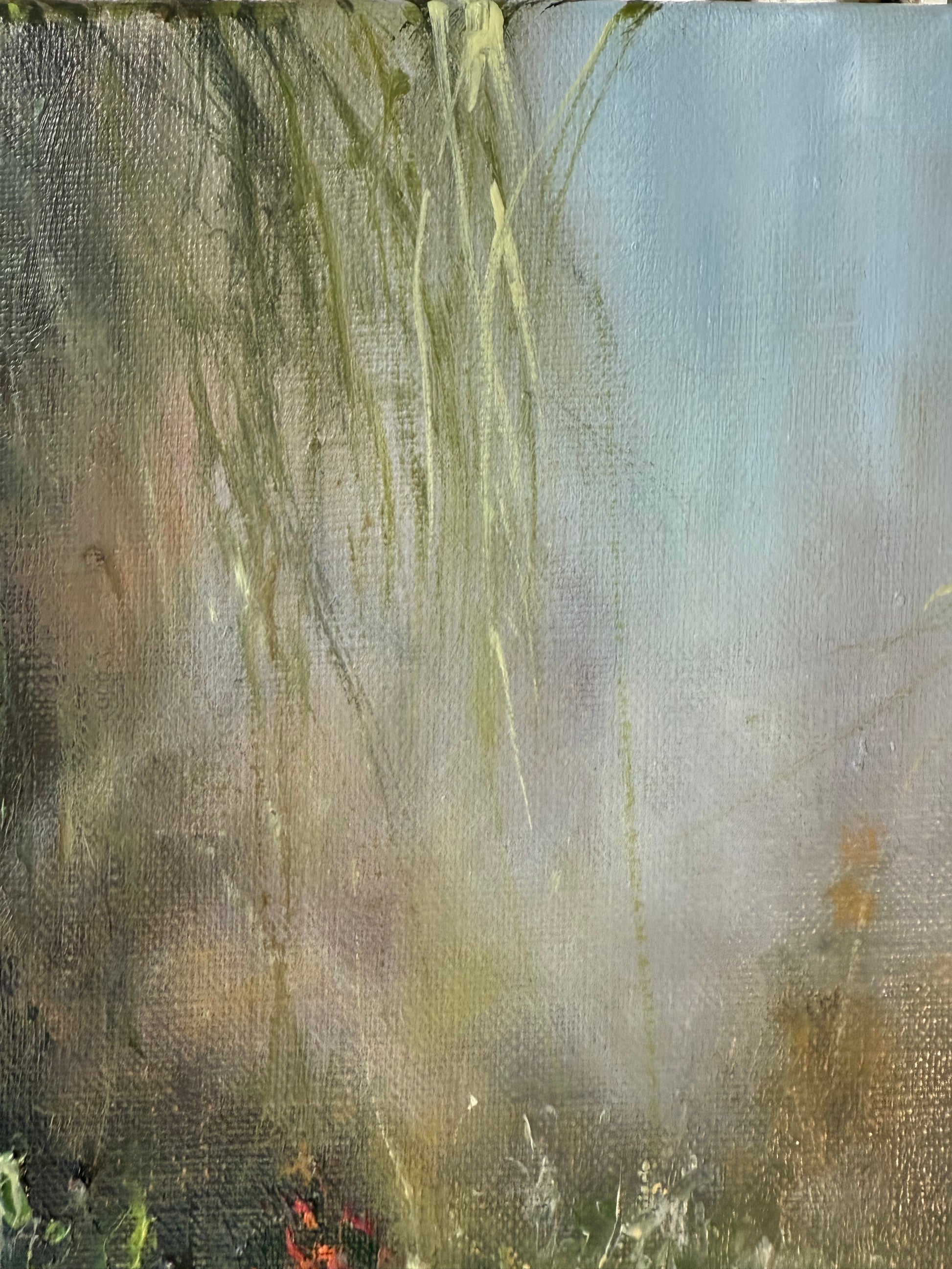 Willow trees branches - close up of a lily pond oil painting .