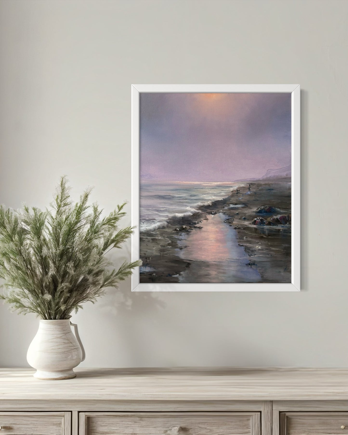 Dog walking on a hazy beach, 41x51 cm, original oil painting, seascape