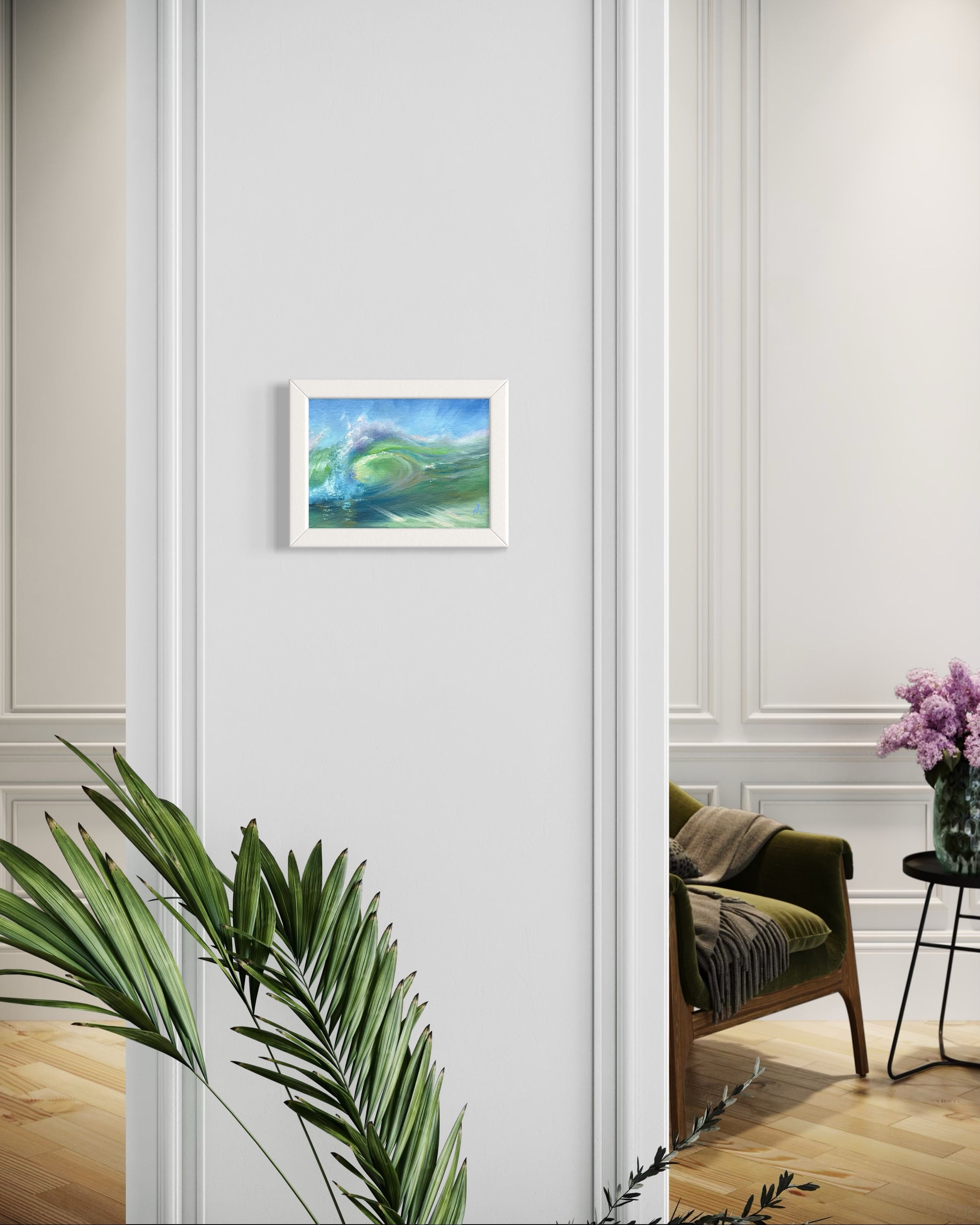 Small framed marine painting on the wall.