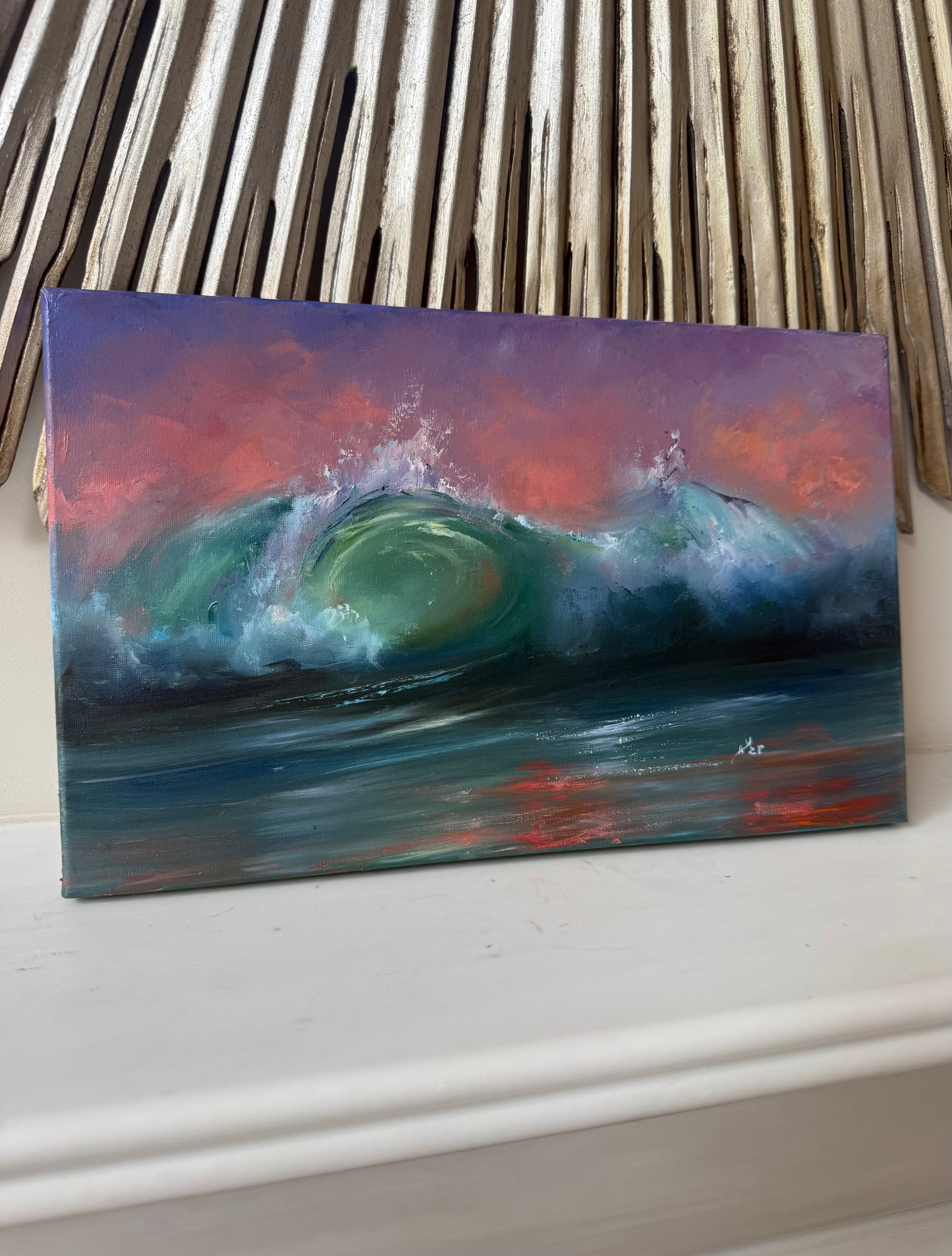 Tropical evening at strawberry hour, 22x35 cm, original seascape oil painting