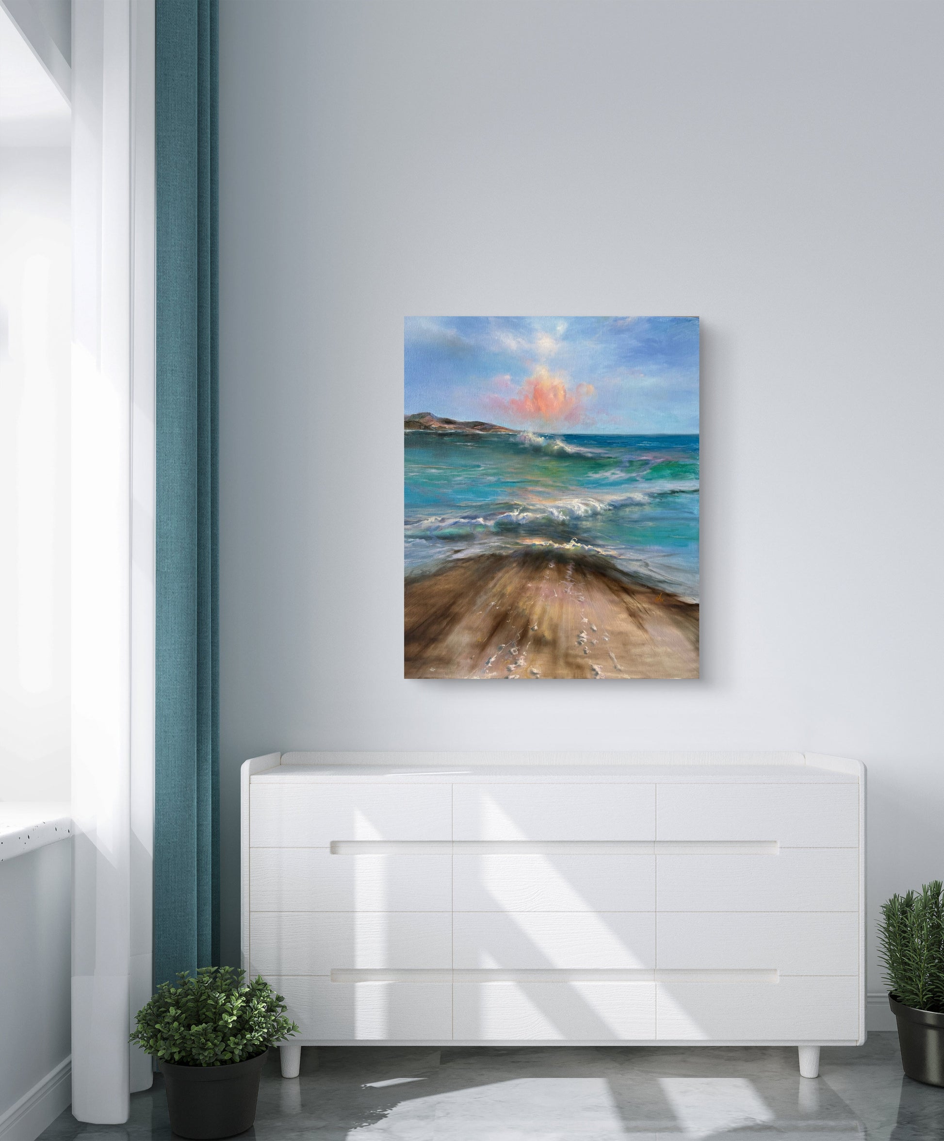 Unframed seascape hanging above the chest of drawers