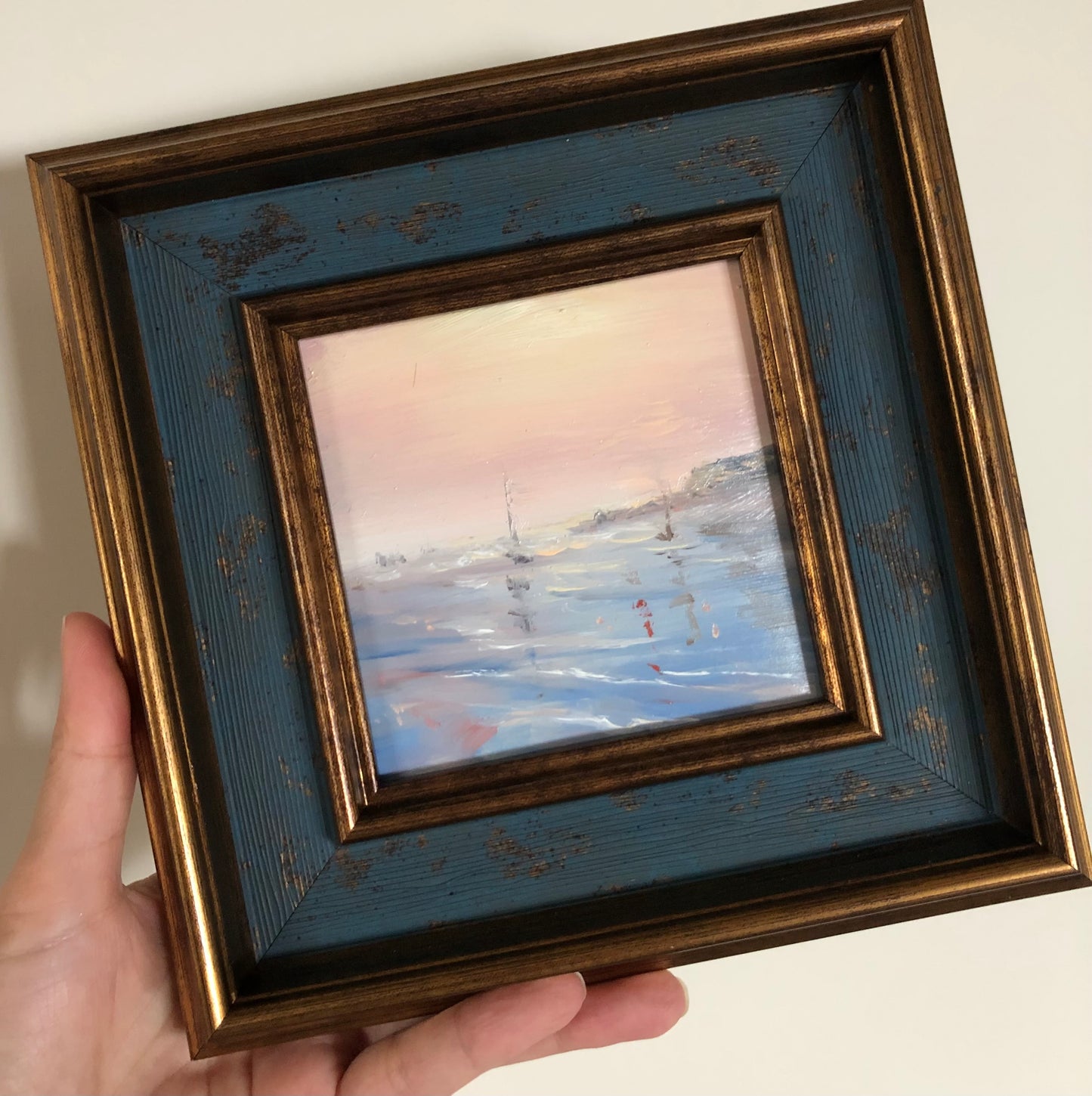 Morning at the Bay, 9x9 cm, original seascape oil painting