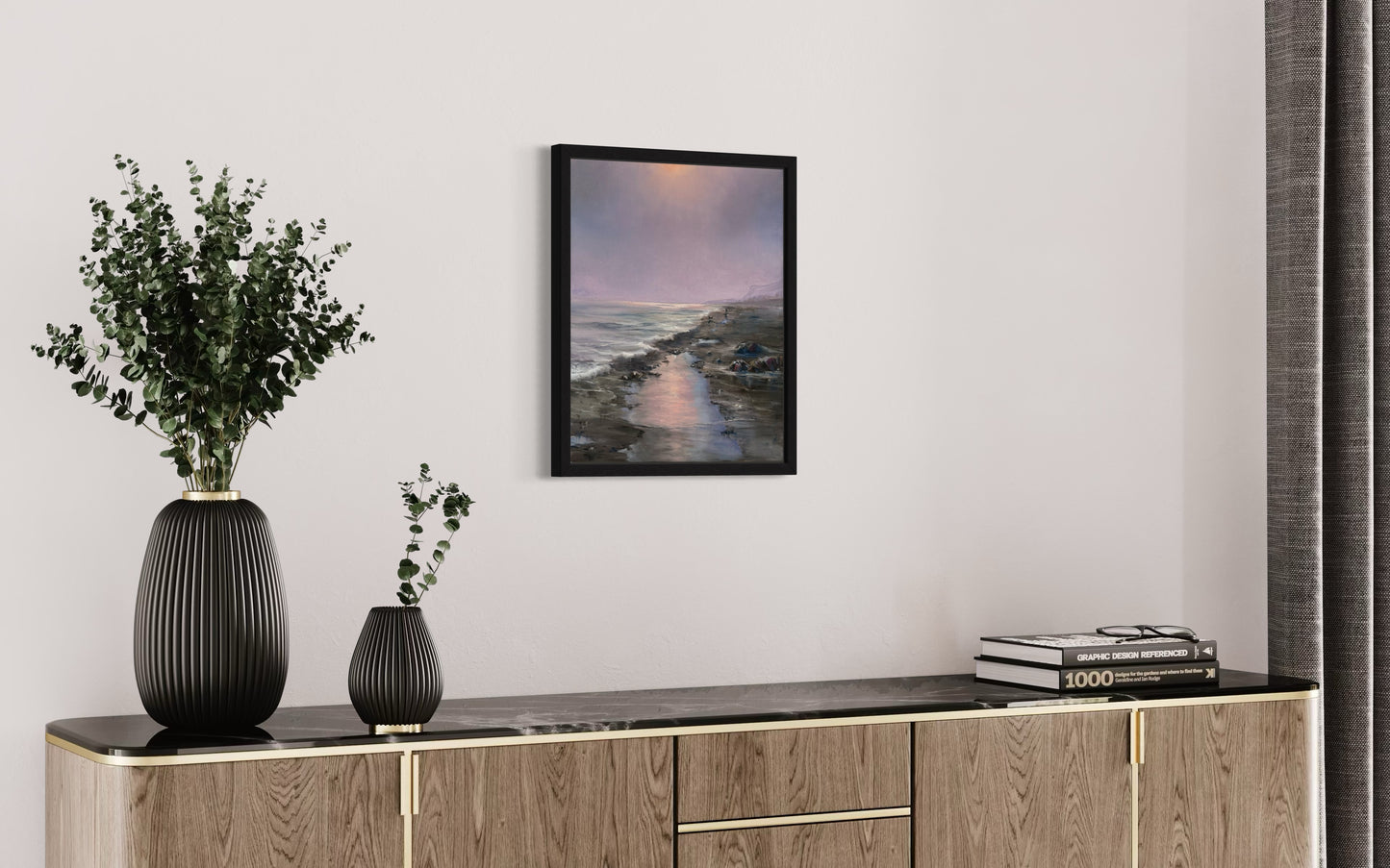 Dog walking on a hazy beach, 41x51 cm, original oil painting, seascape