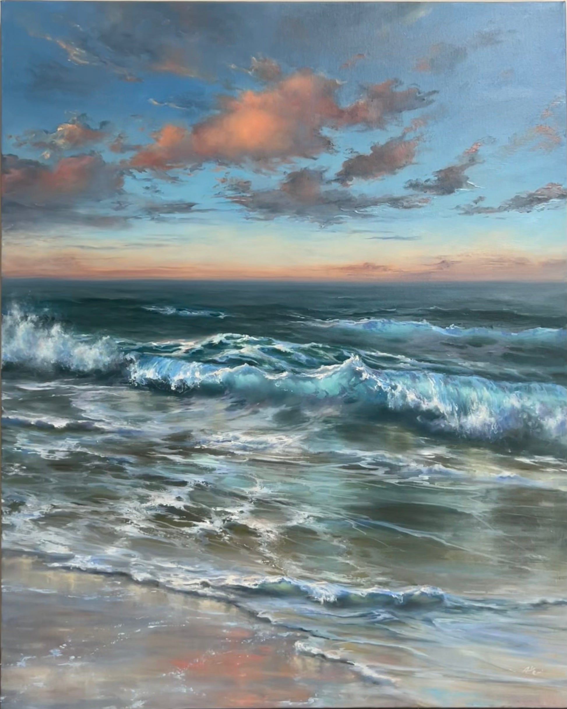 Original oil painting of a seascape, depicting a warm summer afternoon scene with the ocean, waves, and a setting sun.