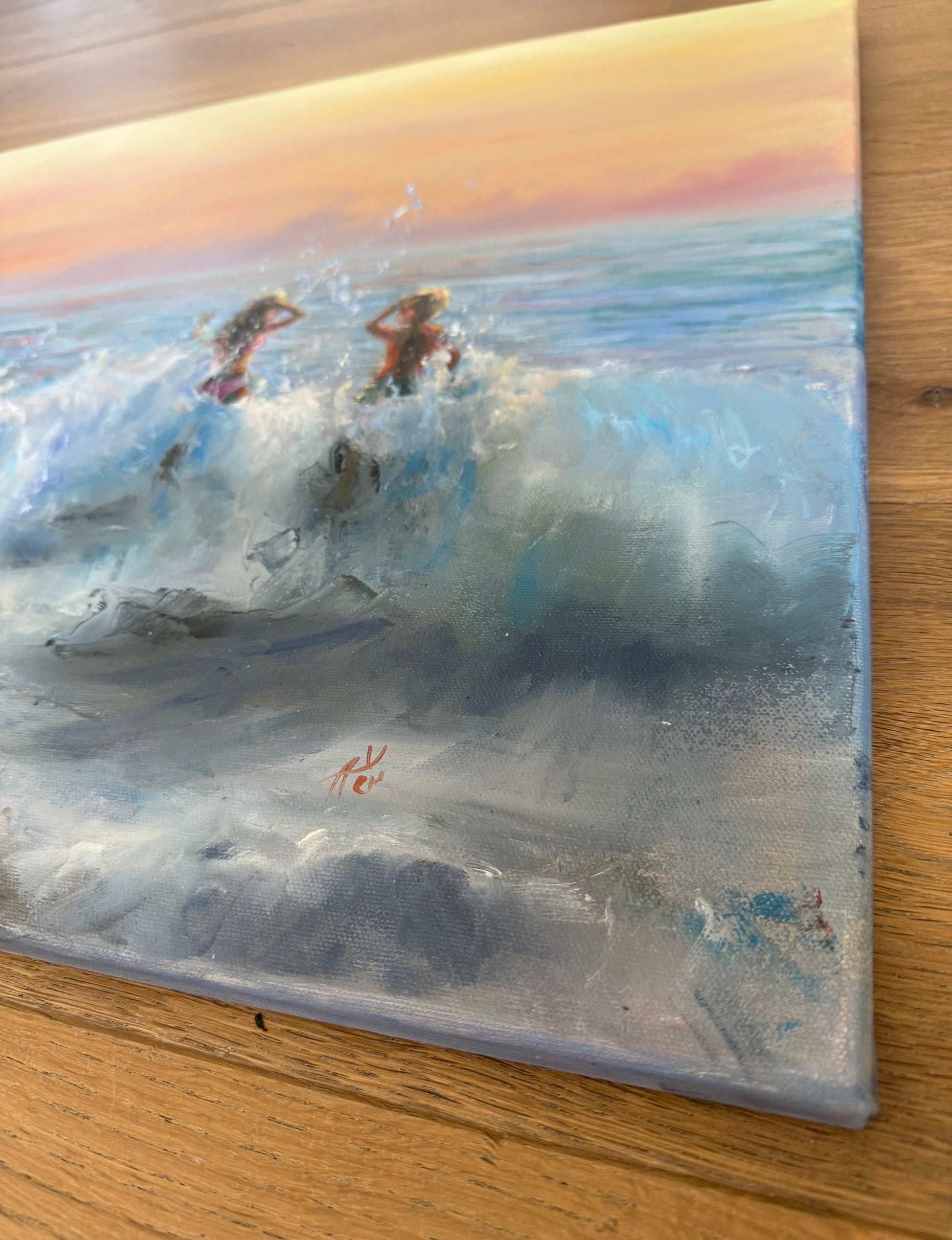Sea oil painting, showing sunset over ocean, people enjoying waves jumping. Glowing sunset sky, crashing waves, sea foam in mix of realism and  Impressionism.