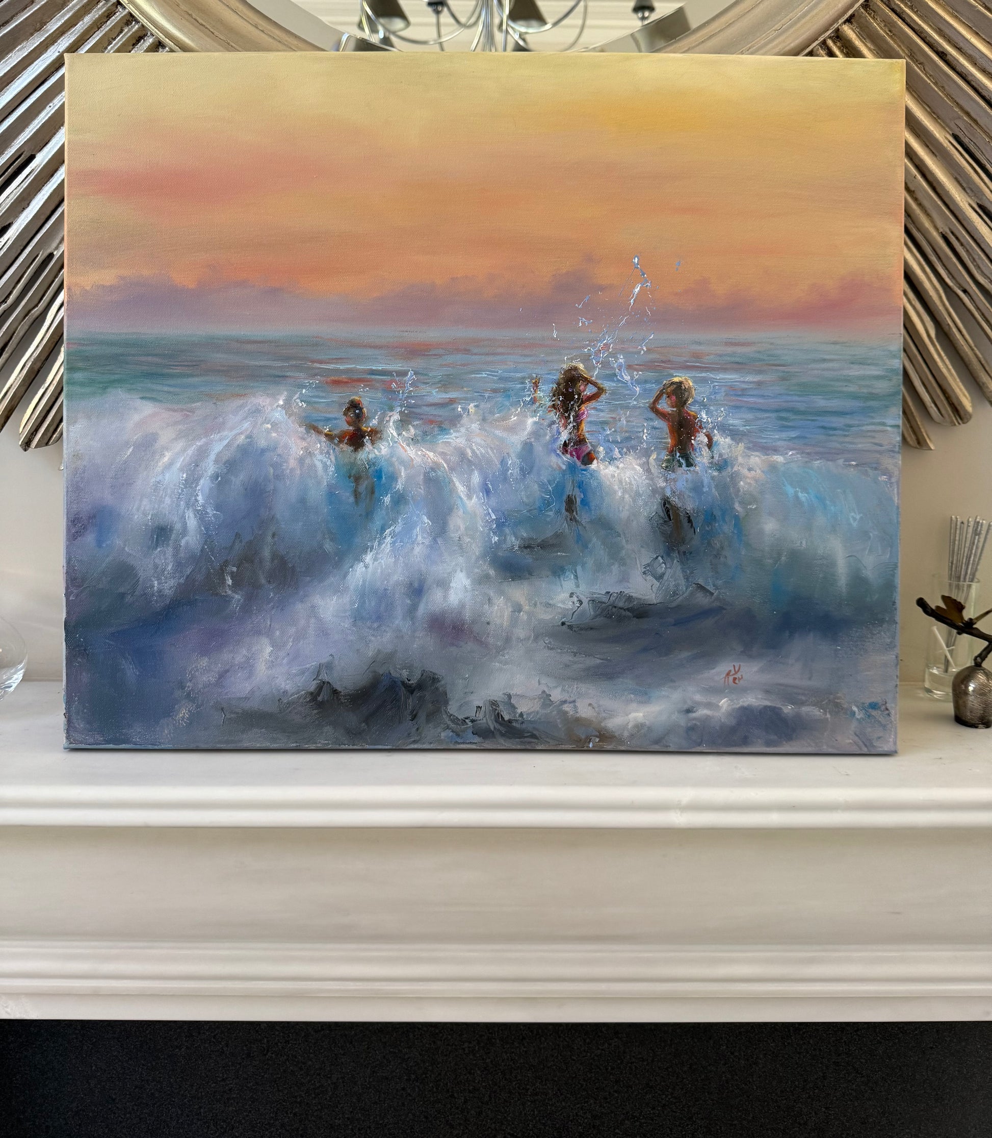 Sunset ocean painting, people at the beach.