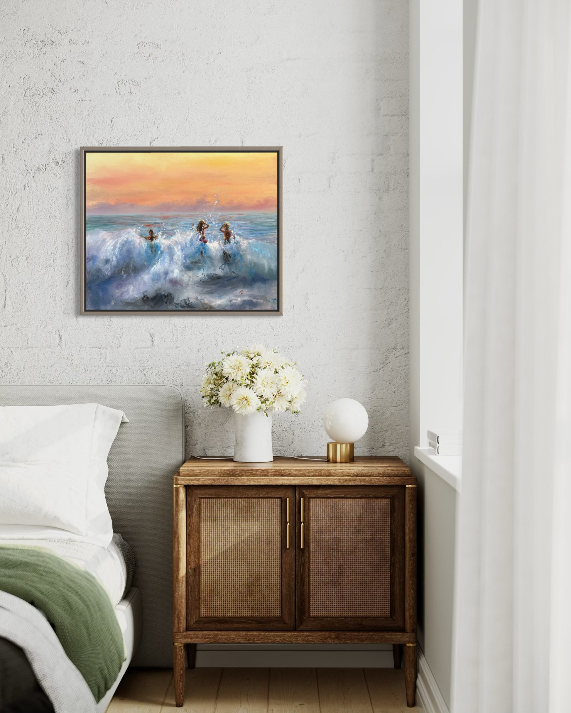 Beach landscape, waves painting, sunset oil painting.