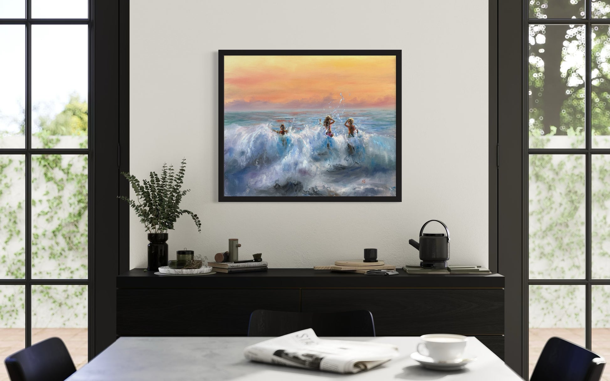 Framed sea oil painting hanging in the kitchen.