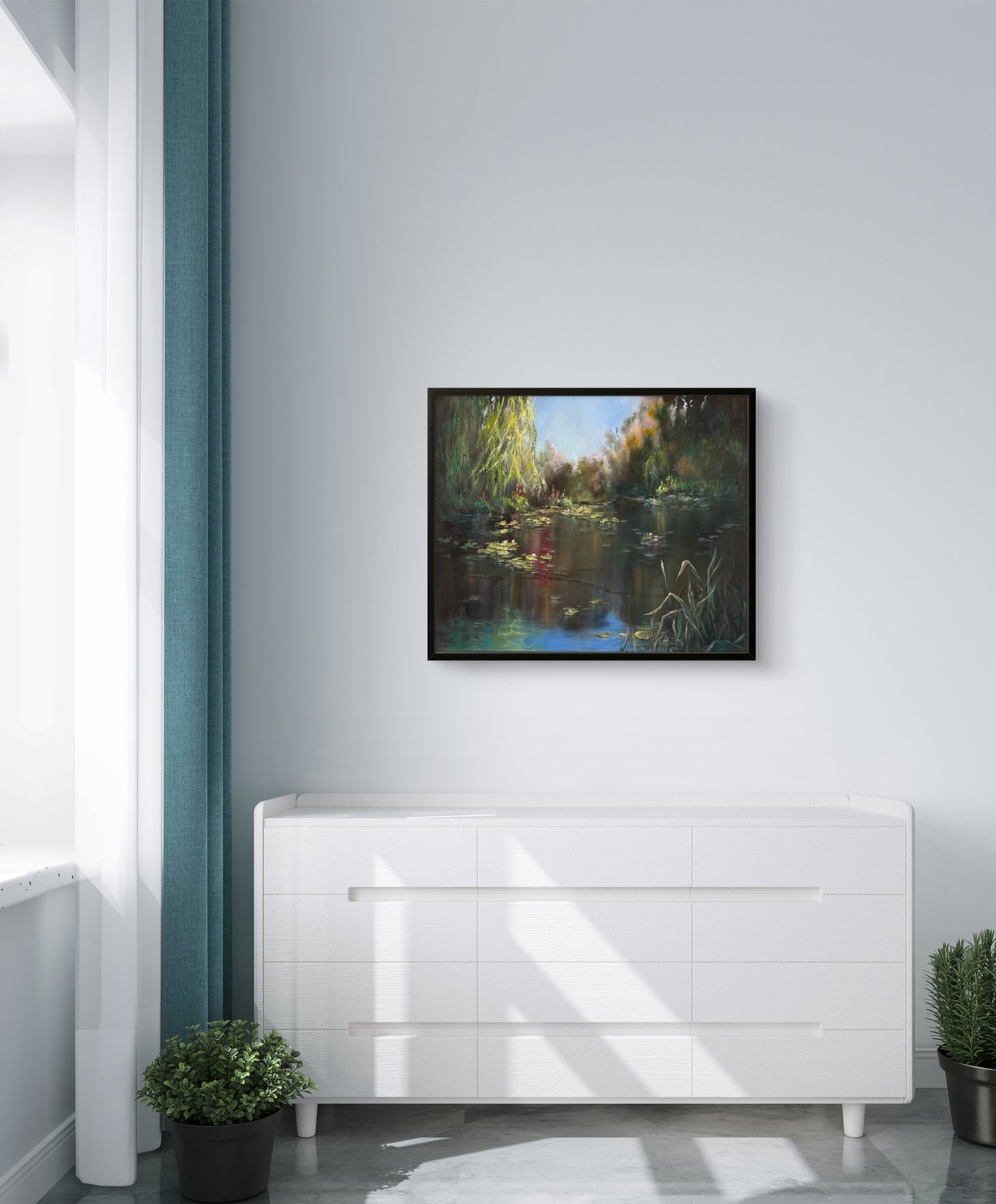 Under the willows, 50x60 cm, original oil on canvas landscape painting