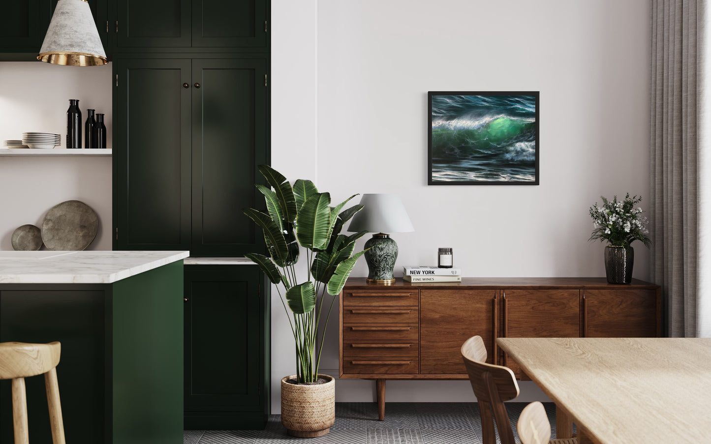 green waves oil painting