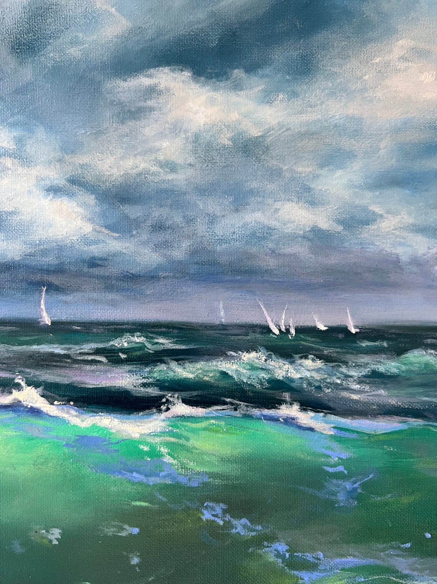 sailing boats in stormy sea oil painting