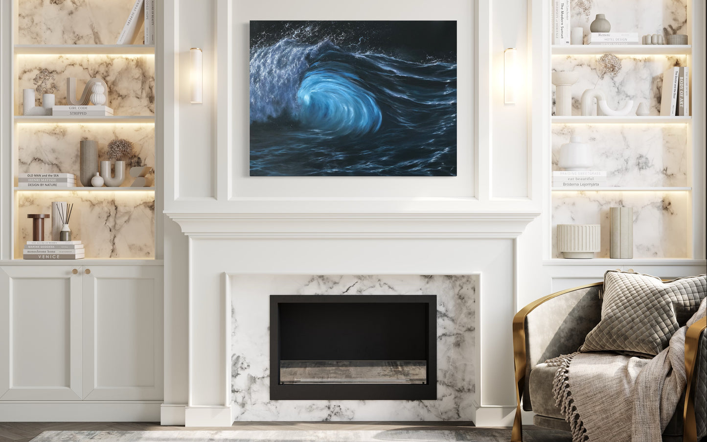 moonlight over ocean wave oil painting