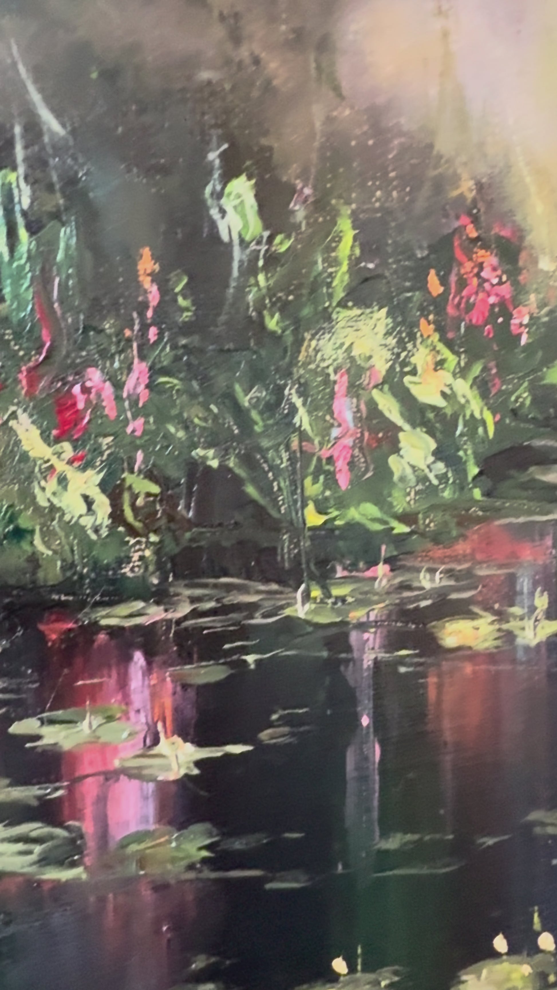 Video of a lily pond oil painting showing lilies