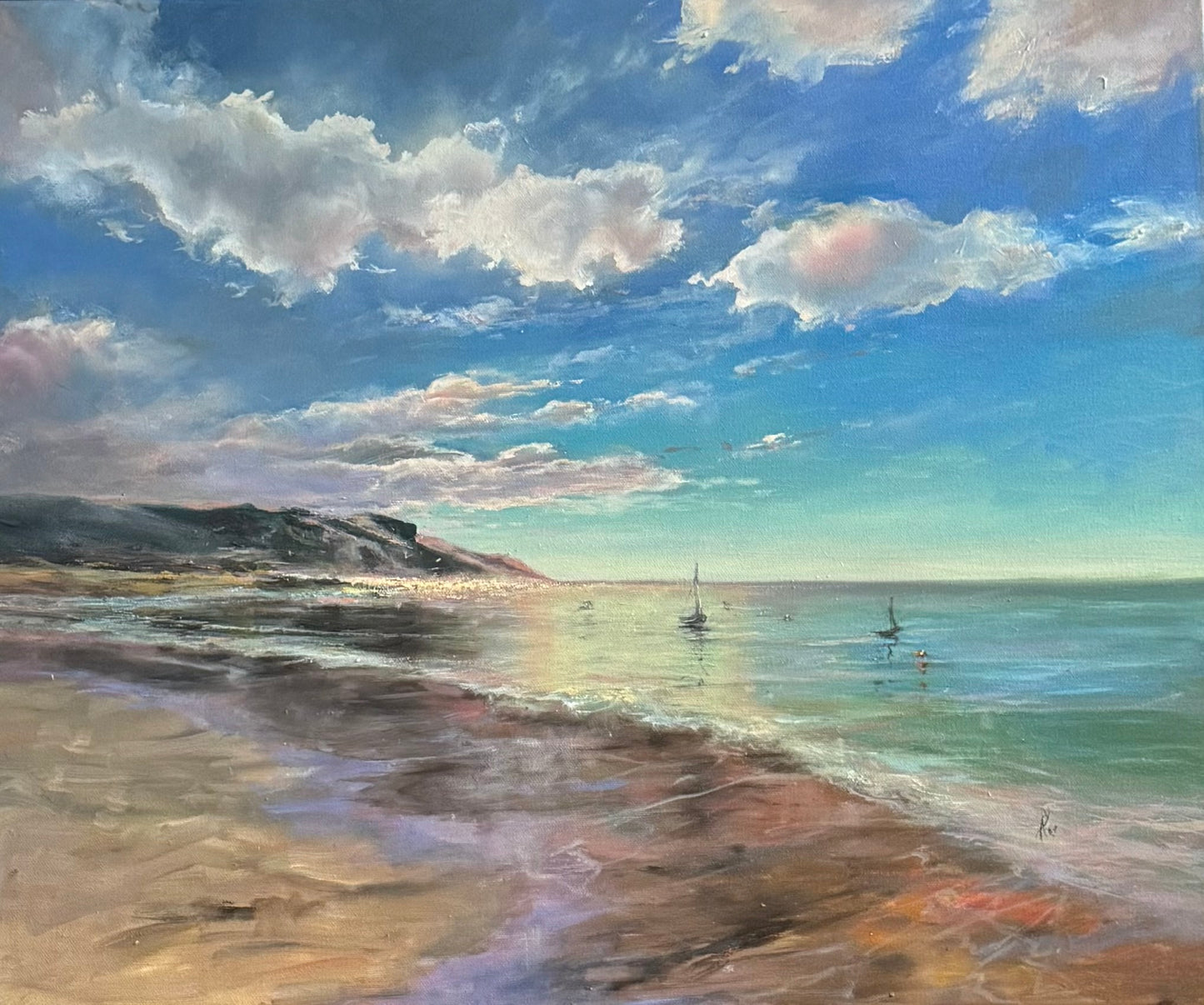 Painting of a beach scene with sailboats on the water and a blue sky with clouds.