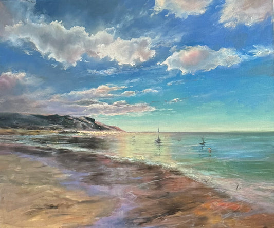 Painting of a beach scene with sailboats on the water and a blue sky with clouds.
