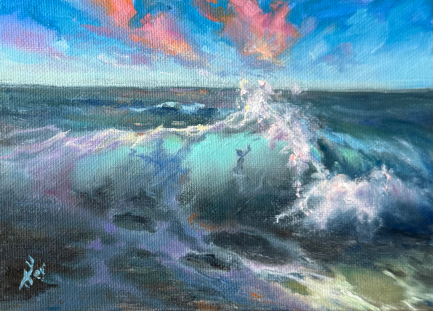 Bright seascape, featuring sunset clouds above the big glowing turquoise wave.