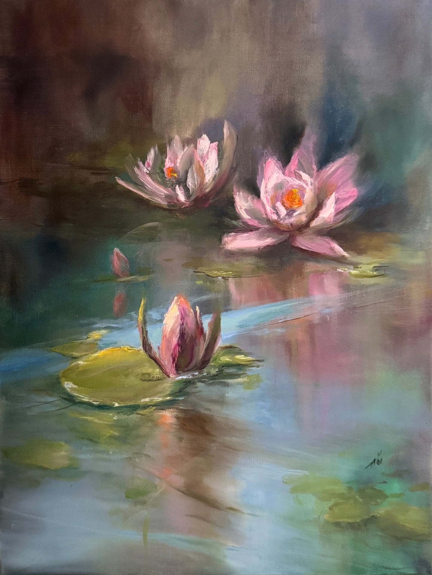 Painting of pink water lilies on a pond with a soft, blurred dark background.