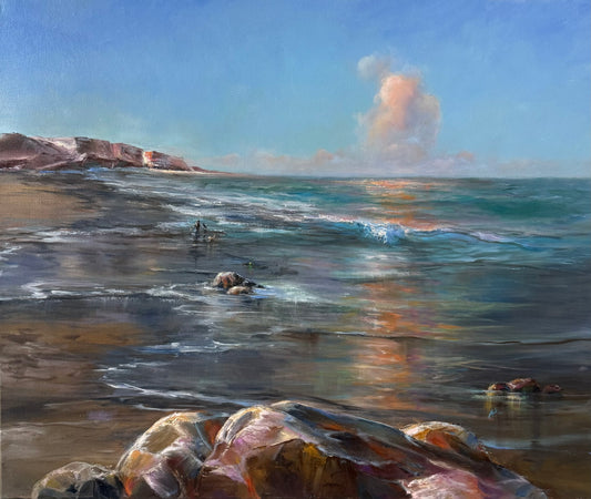 Dog walking down the beach, 51x61 cm, original oil painting
