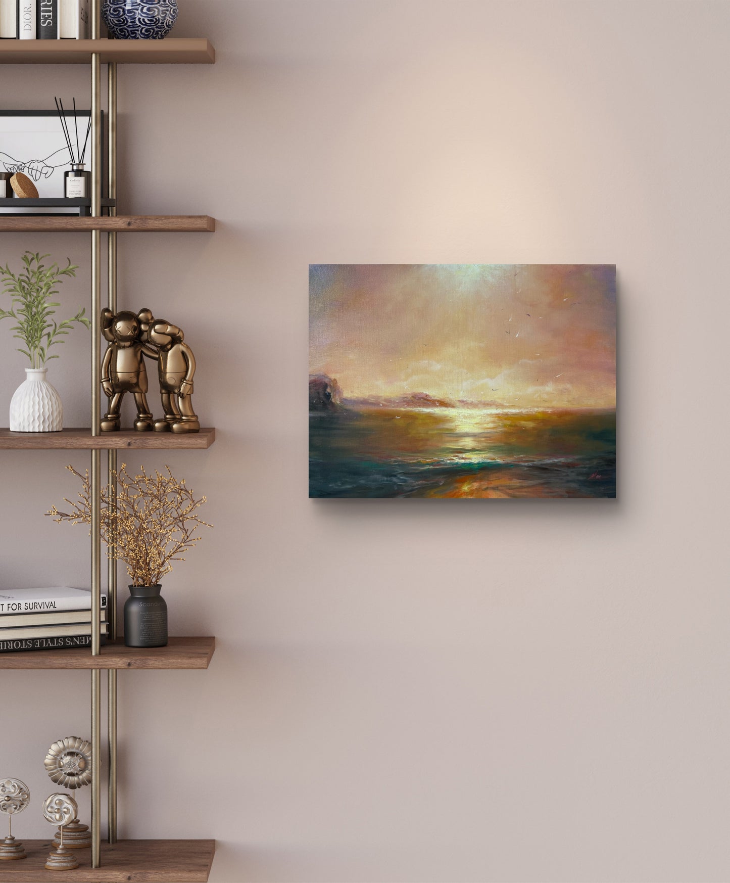 Golden sunset painting hanging on the wall