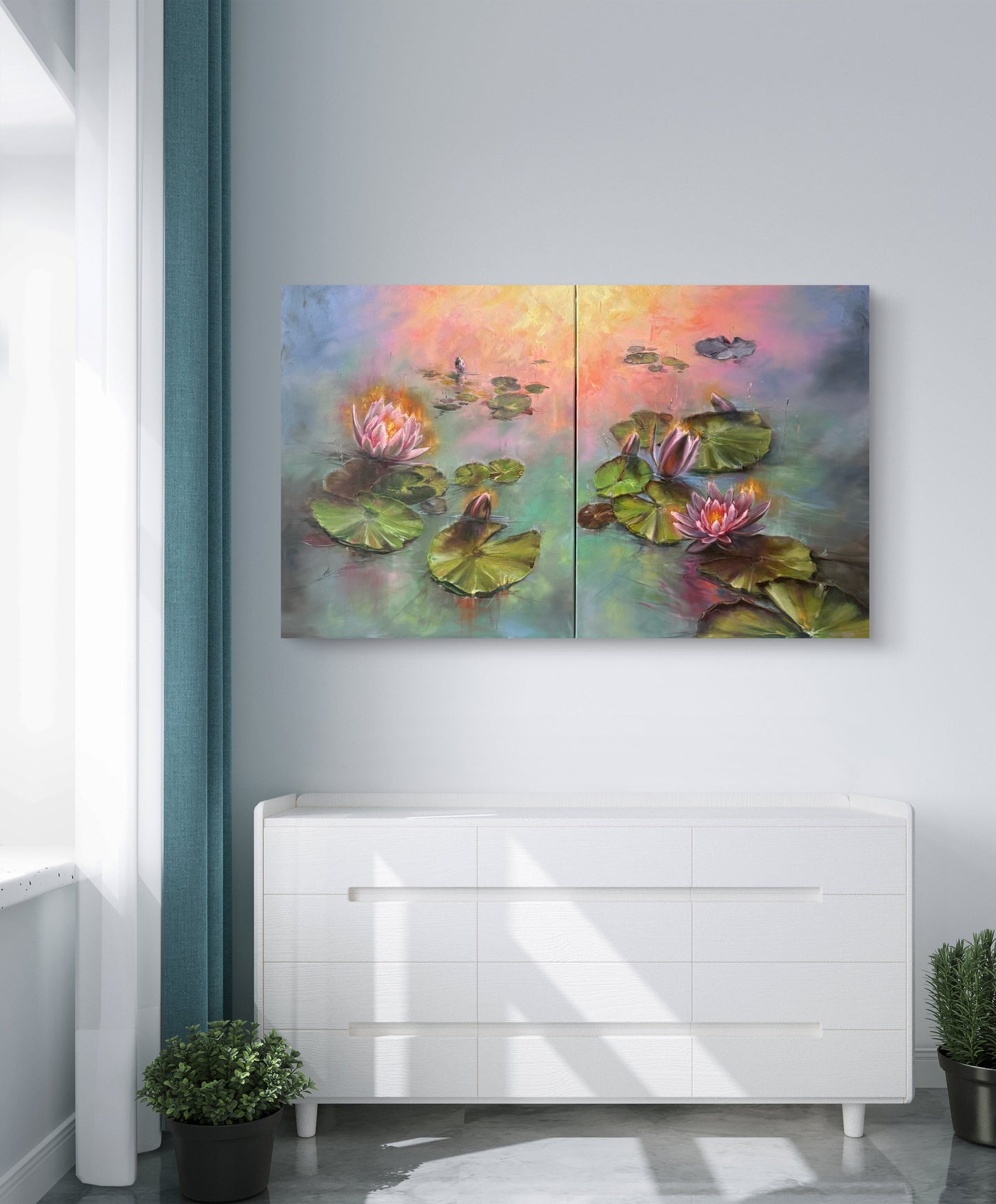 Lilies of Sunrise set of two - III & IV, 102x61 cm, original oil on canvas landscape painting