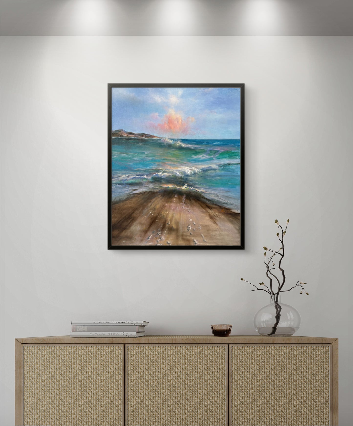 Framed sea oil painting hanging on the wall