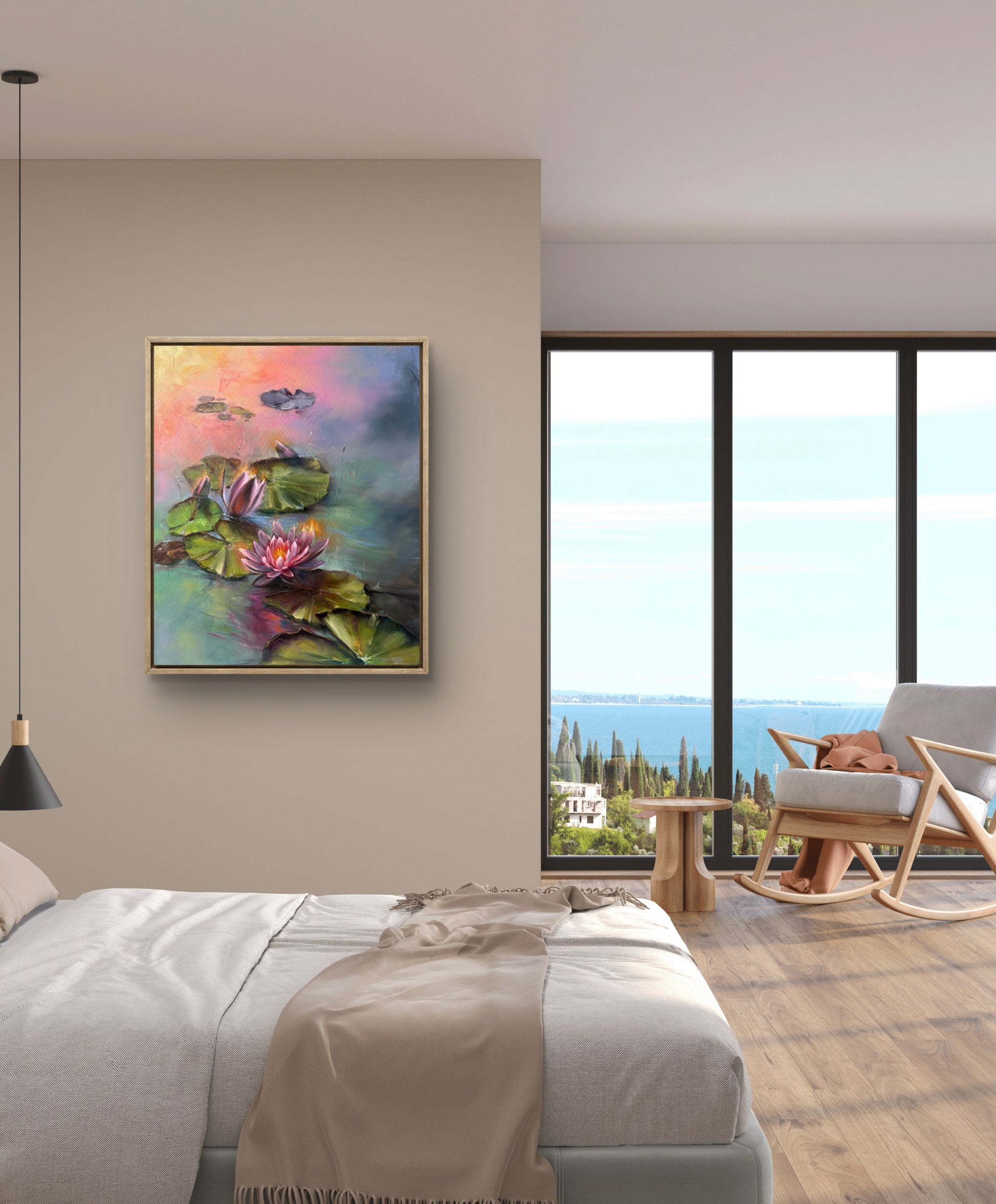 Modern bedroom with a colourful painting of the water lilies at sunrise on the wall.
