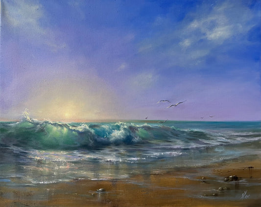 Chasing Sunrise, original oil painting, seascape