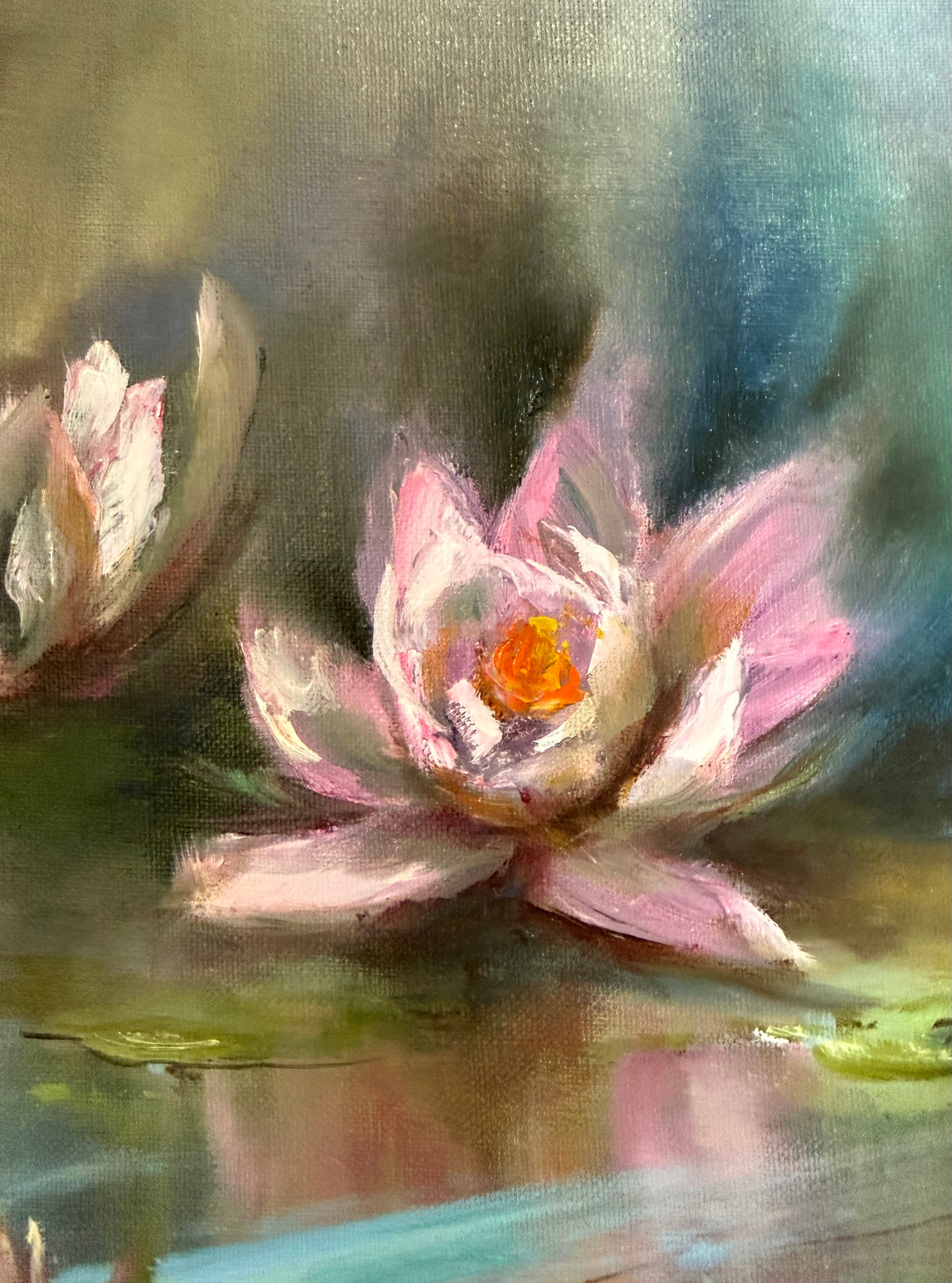 Artistic depiction of soft edged pink water lilies with a blurred background on a pond.