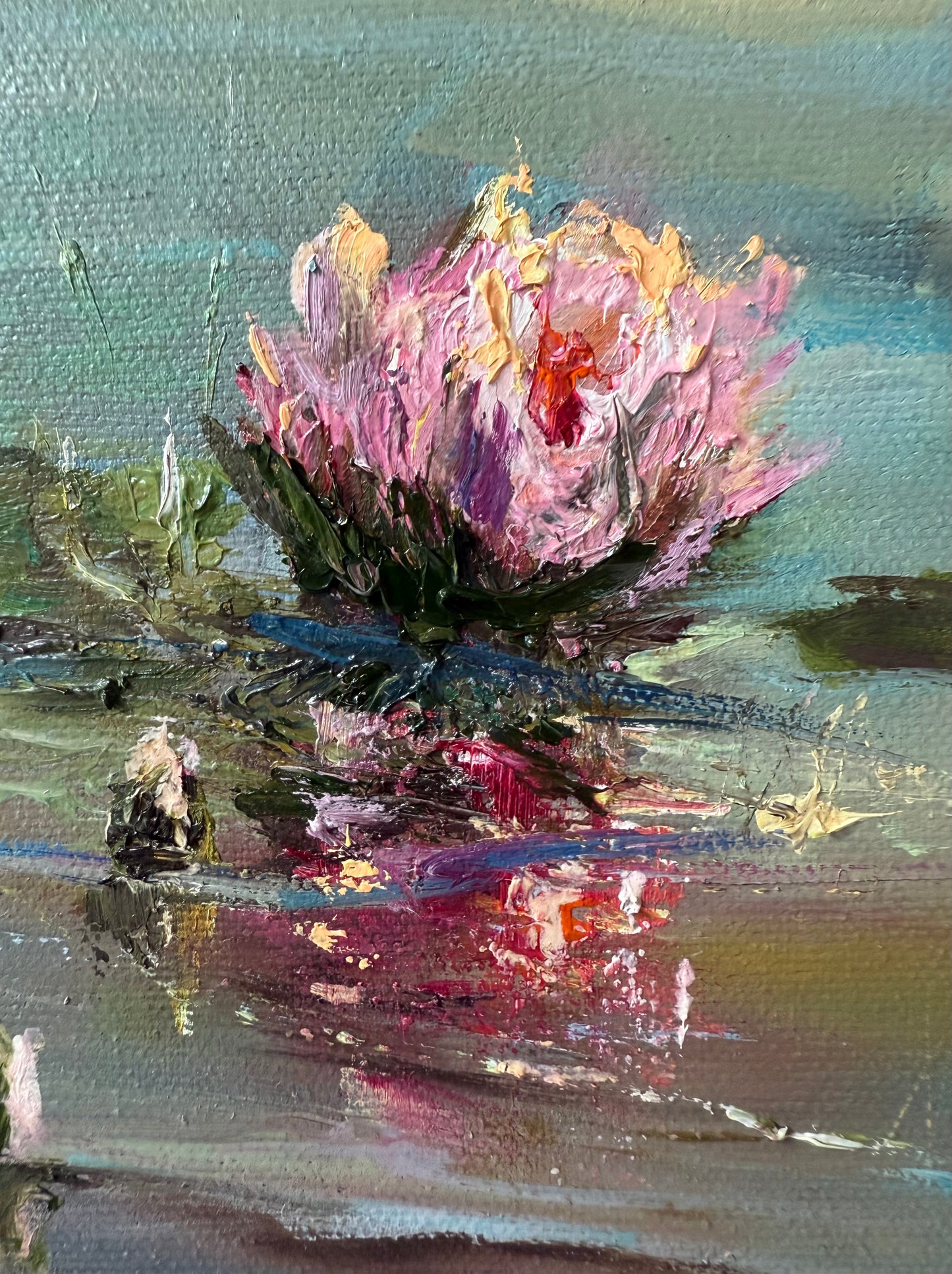 Textured Pink water lily - close up of an oil painting.