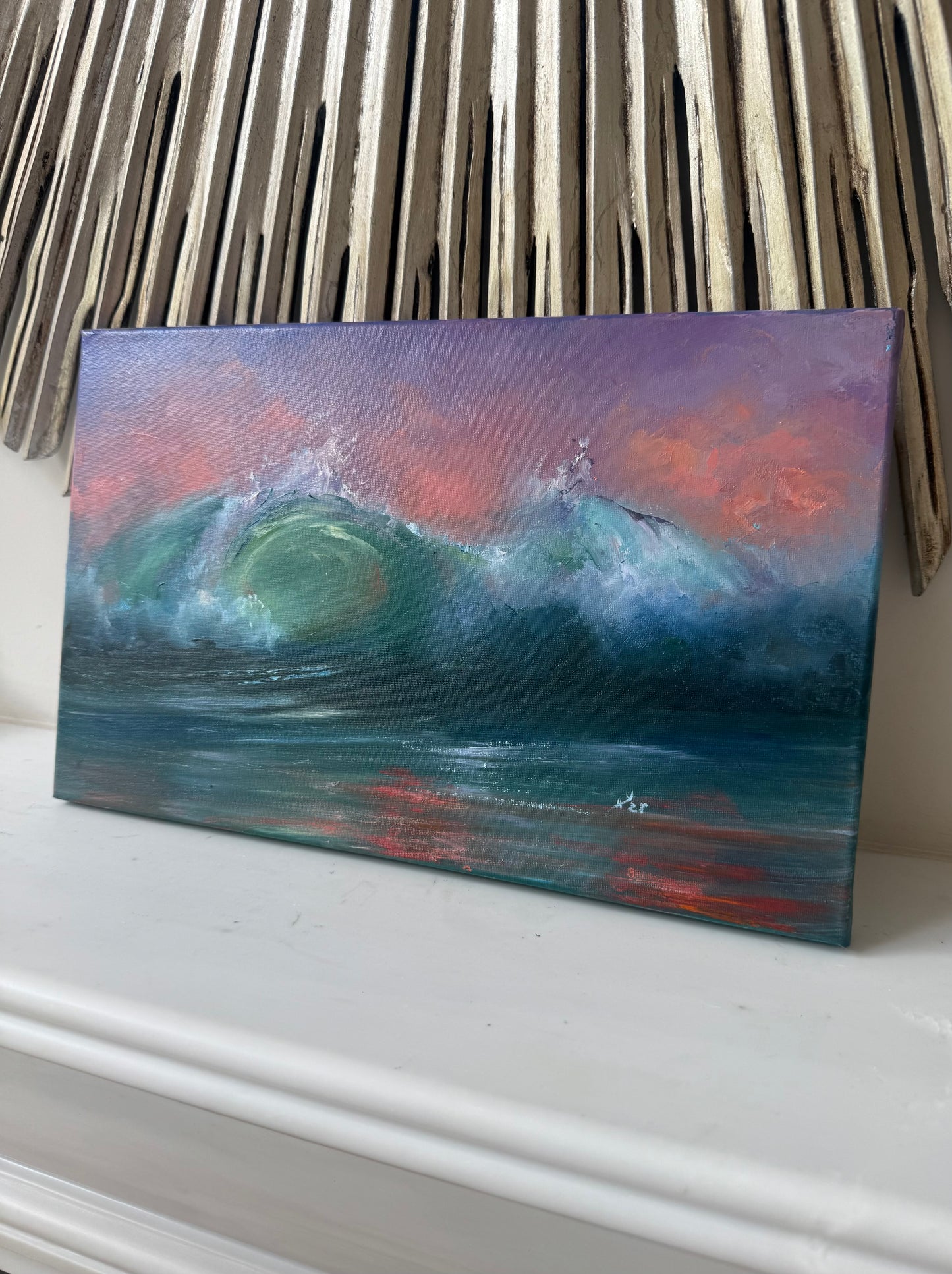 Tropical evening at strawberry hour, 22x35 cm, original seascape oil painting