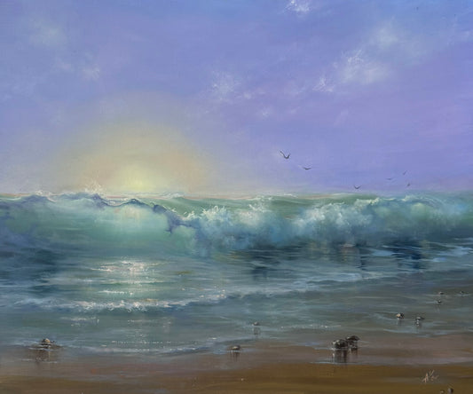 Sunrise over sea oil painting. Clear breaking wave with sunlight shining through it.