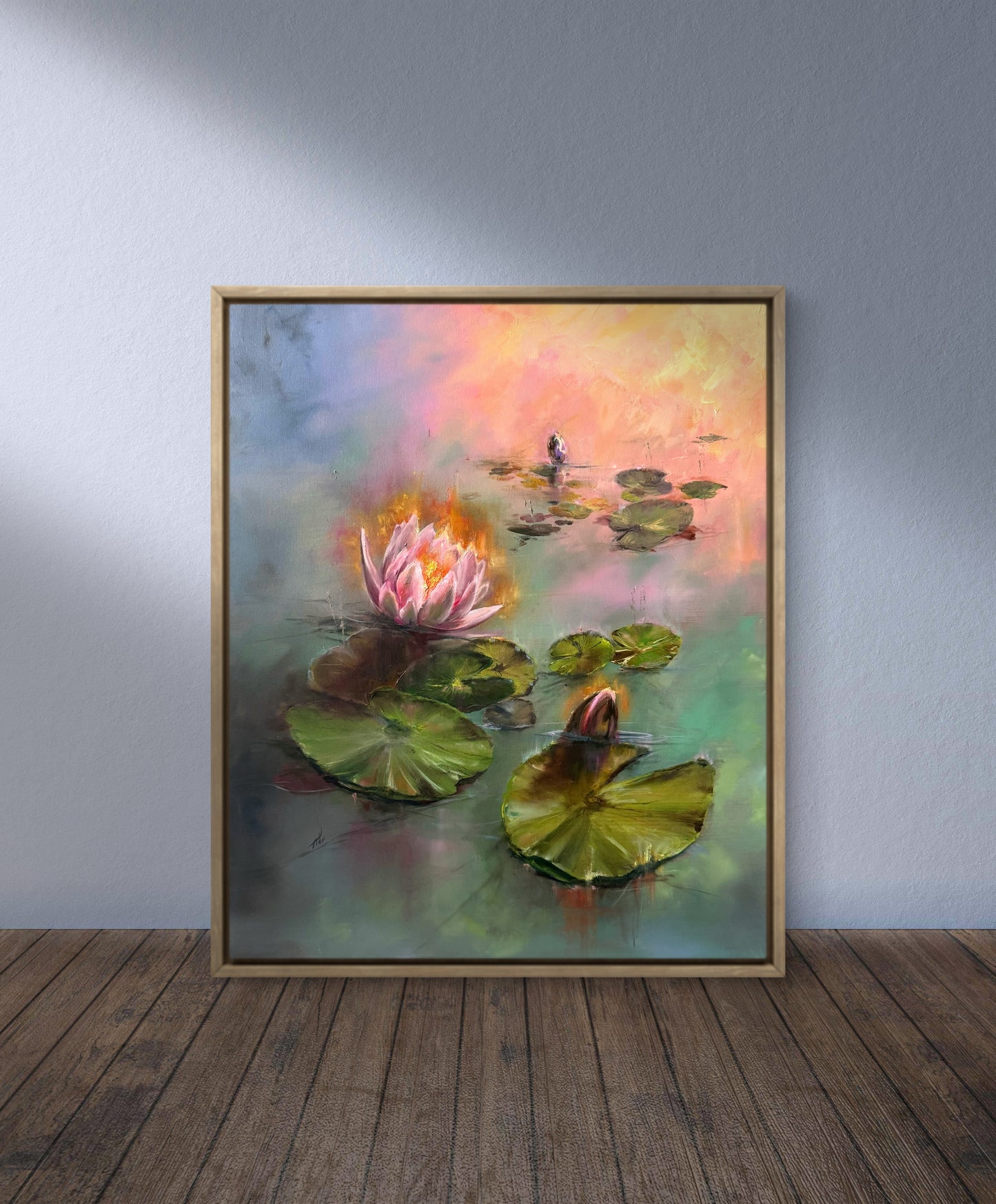 Framed lilies oil painting standing on the floor - original paintings for sale