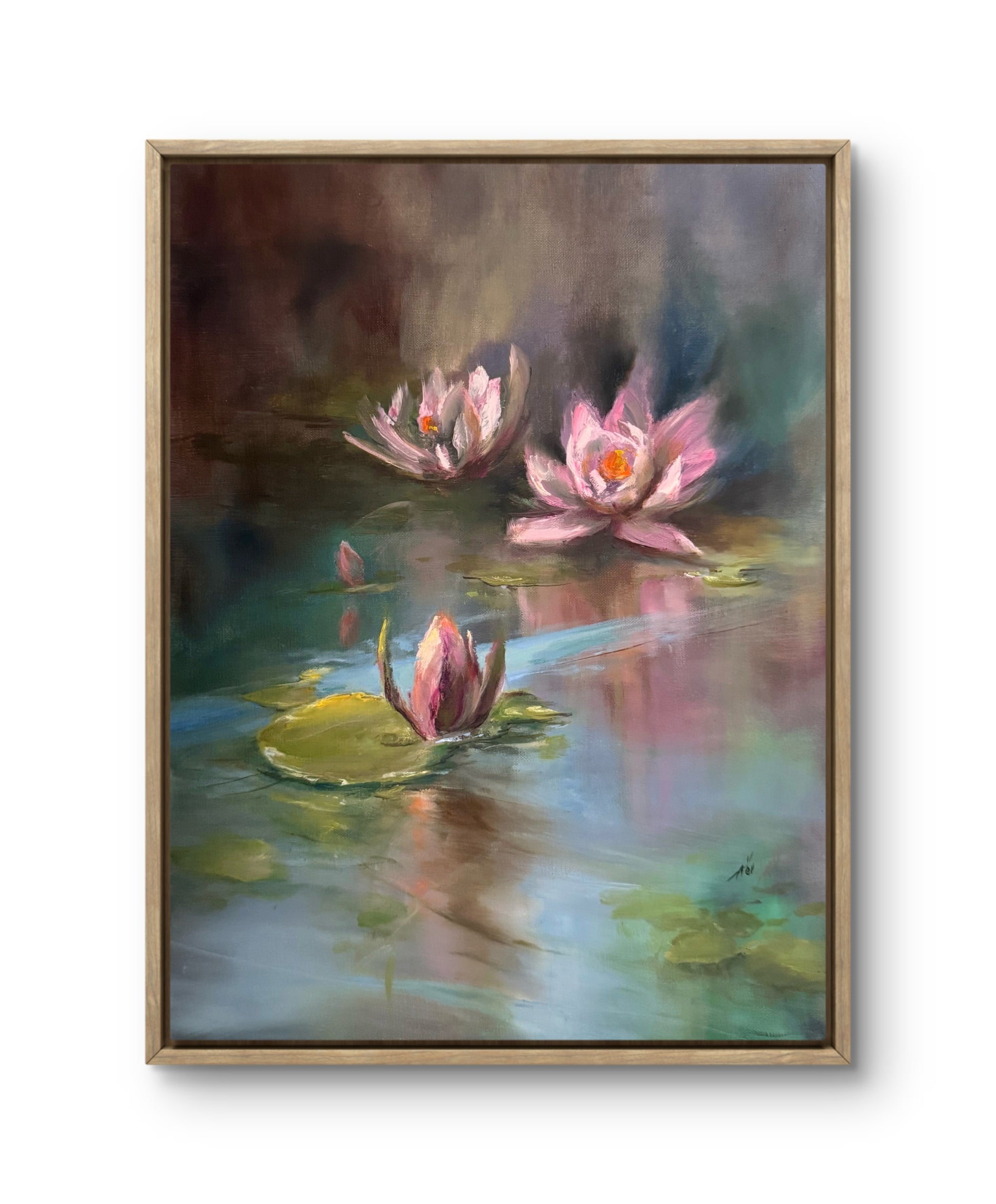 Framed painting of pink water lilies on a pond with blurred background.