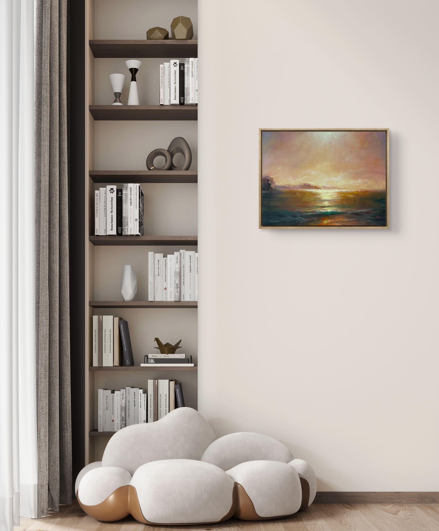Framed sunset seascape hanging on the wall 
