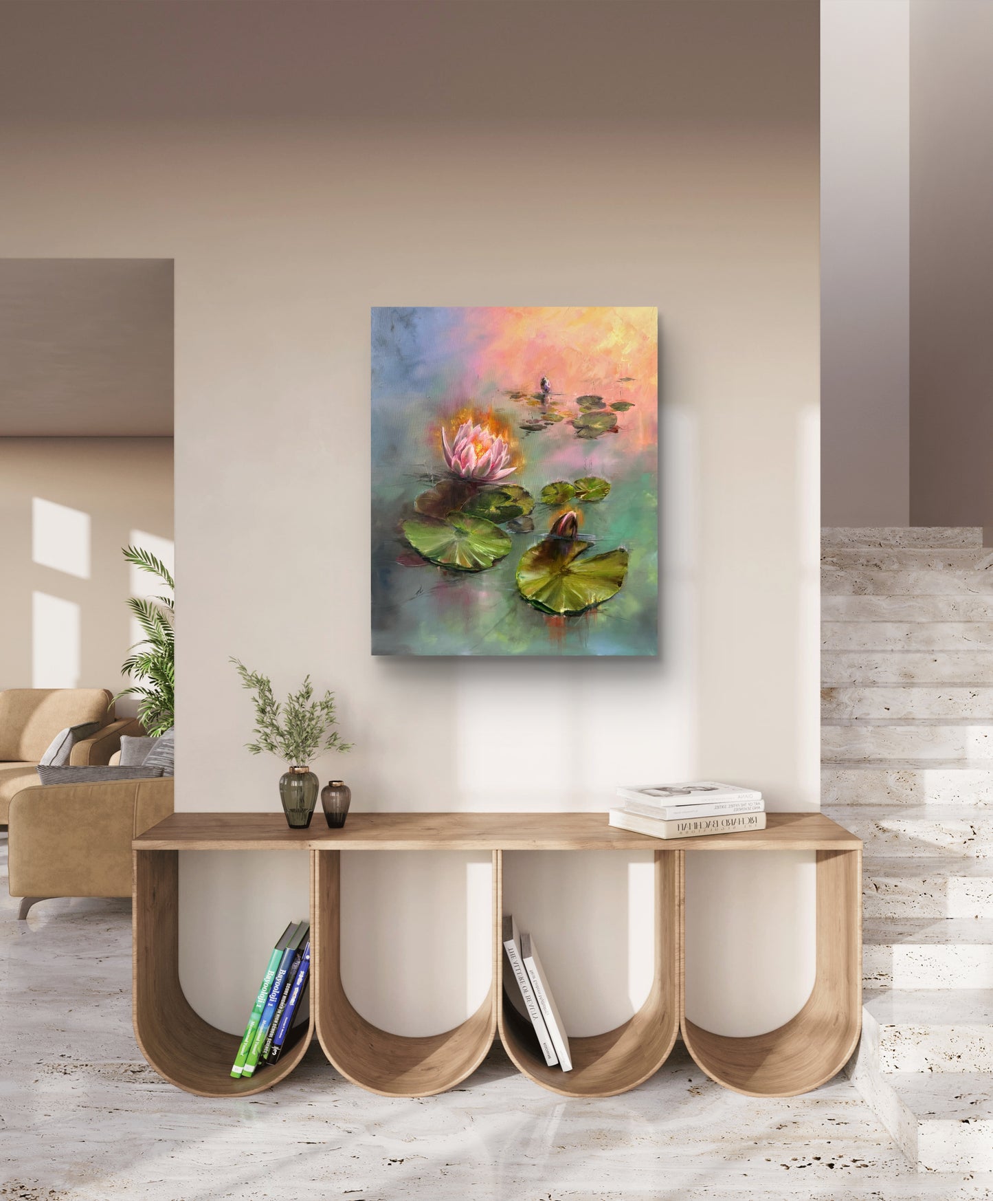 Water lilies oil painting hanging on the wall in living room.
