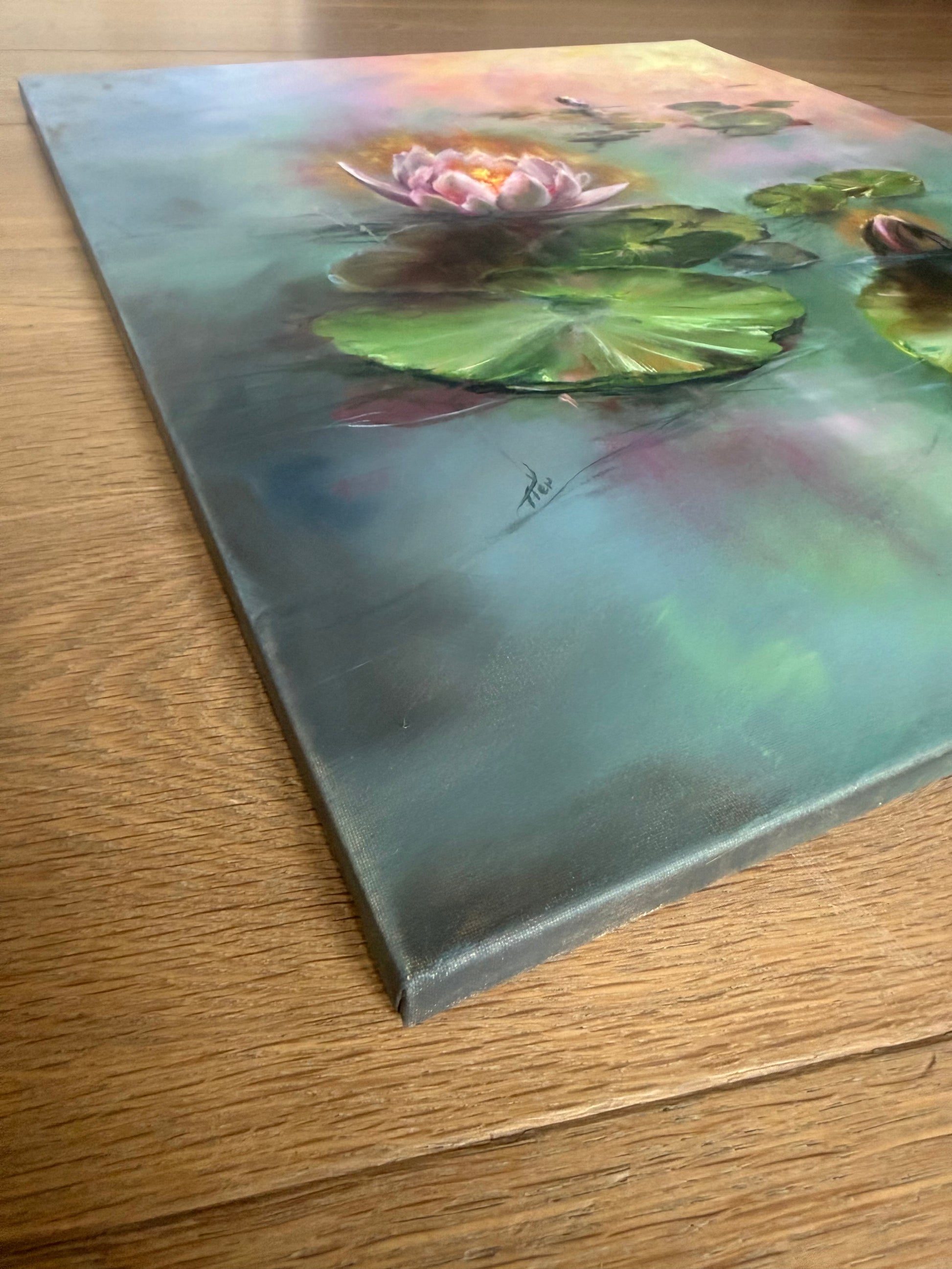 Side of the water lilies painting is painted, so this waterscape can be hung unframed 