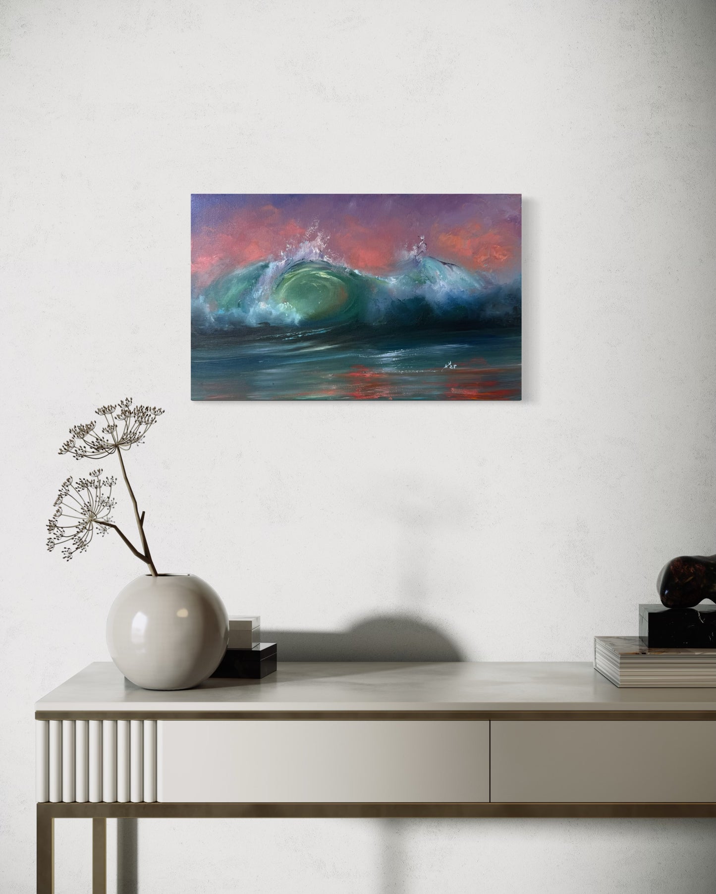 Tropical evening at strawberry hour, 22x35 cm, original seascape oil painting