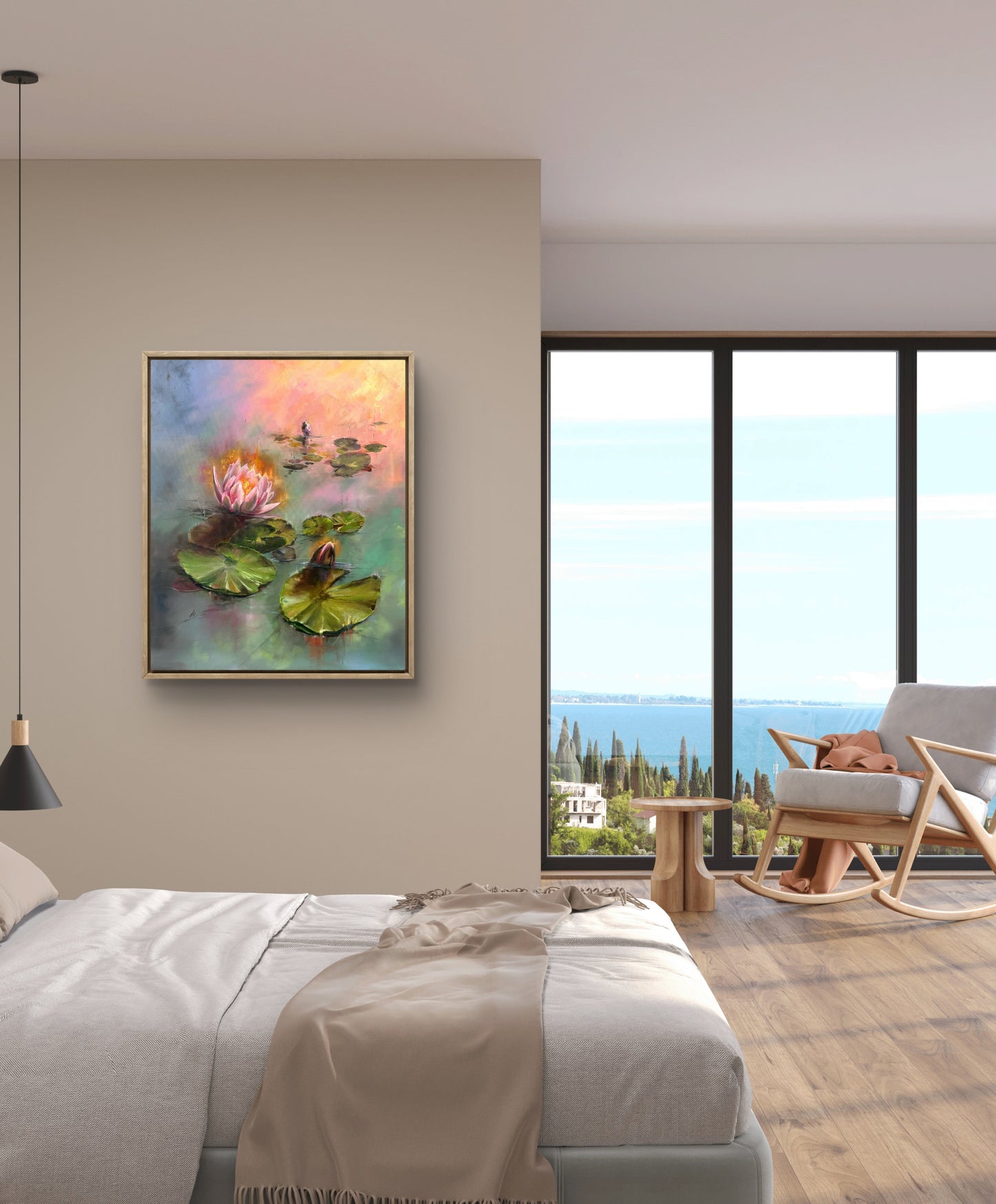 Framed Lily pond painting hanging in the bedroom.