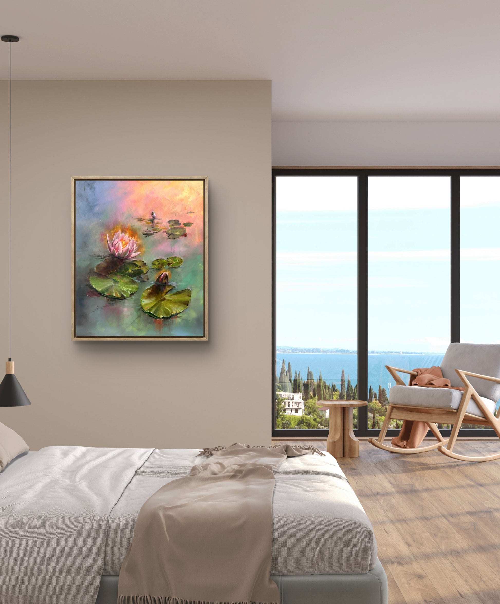Framed Lily pond painting hanging in the bedroom.