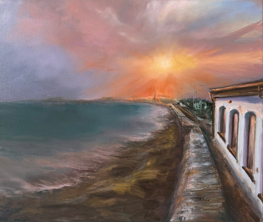 Painting of a coastal scene with a sunset over the ocean and a beach cafe on the right.