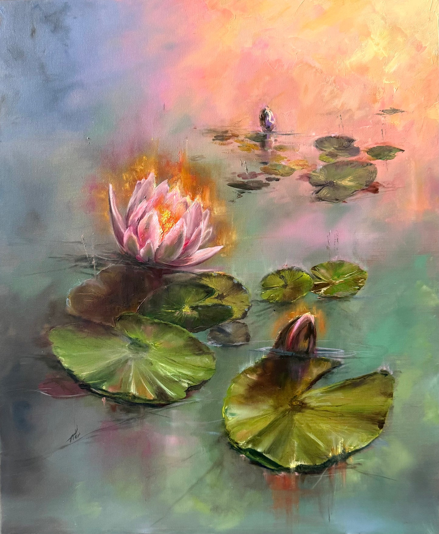 Lilies on lily pond at sunrise time - oil painting for sale
