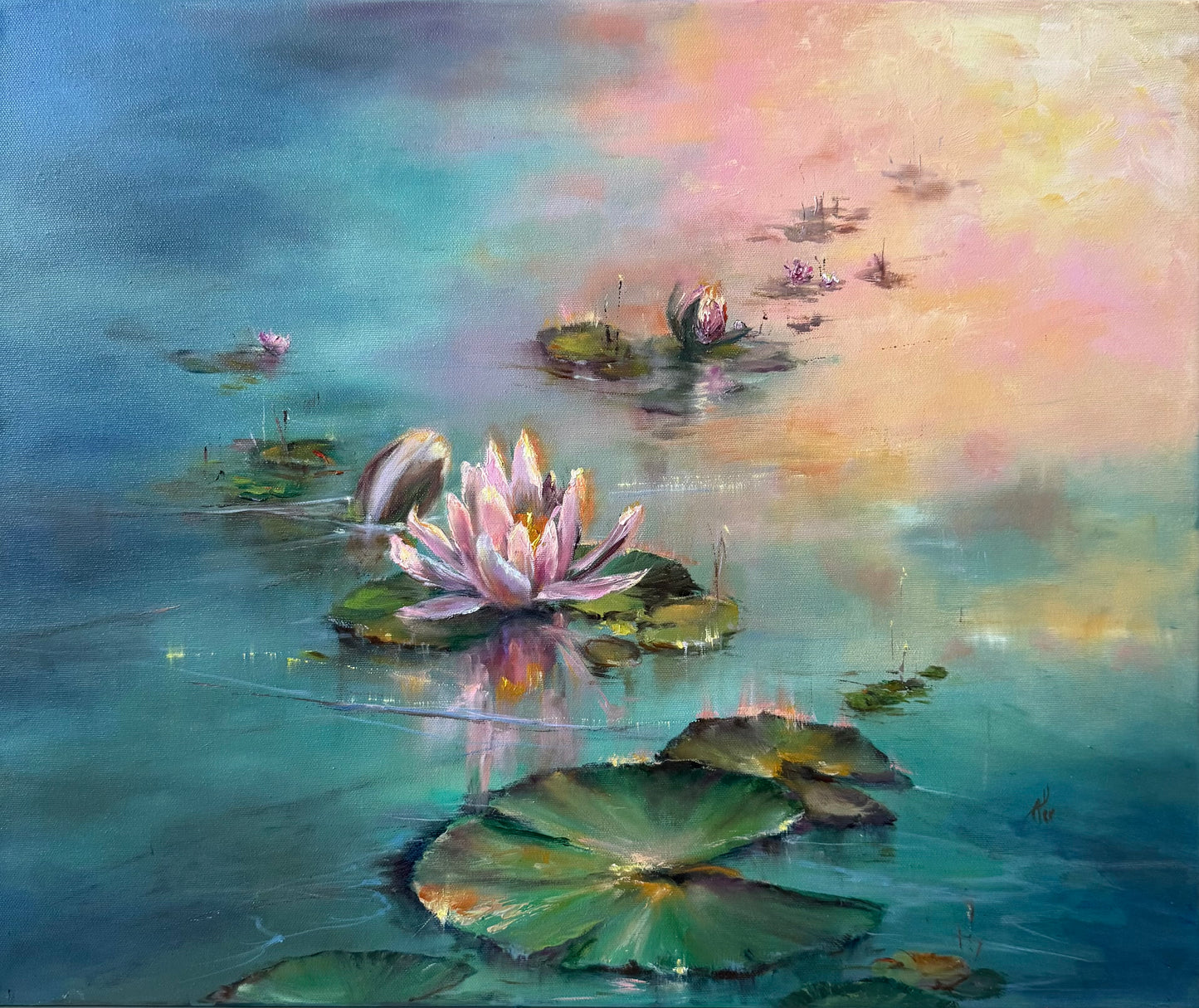 Lilies of Sunrise II, 51x61 cm, original oil on canvas landscape painting