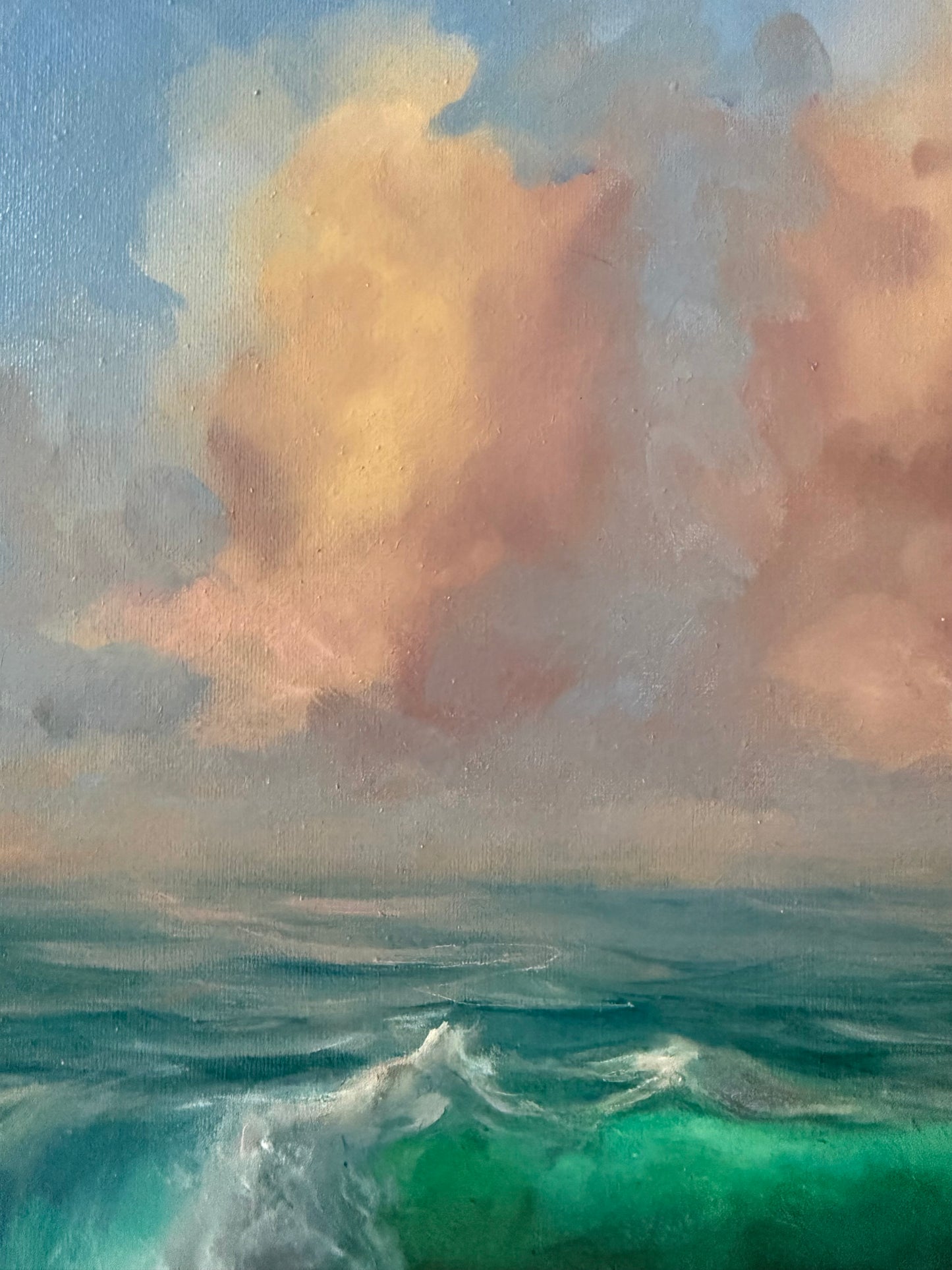 Painting of a stormy sea with large clouds and choppy water.