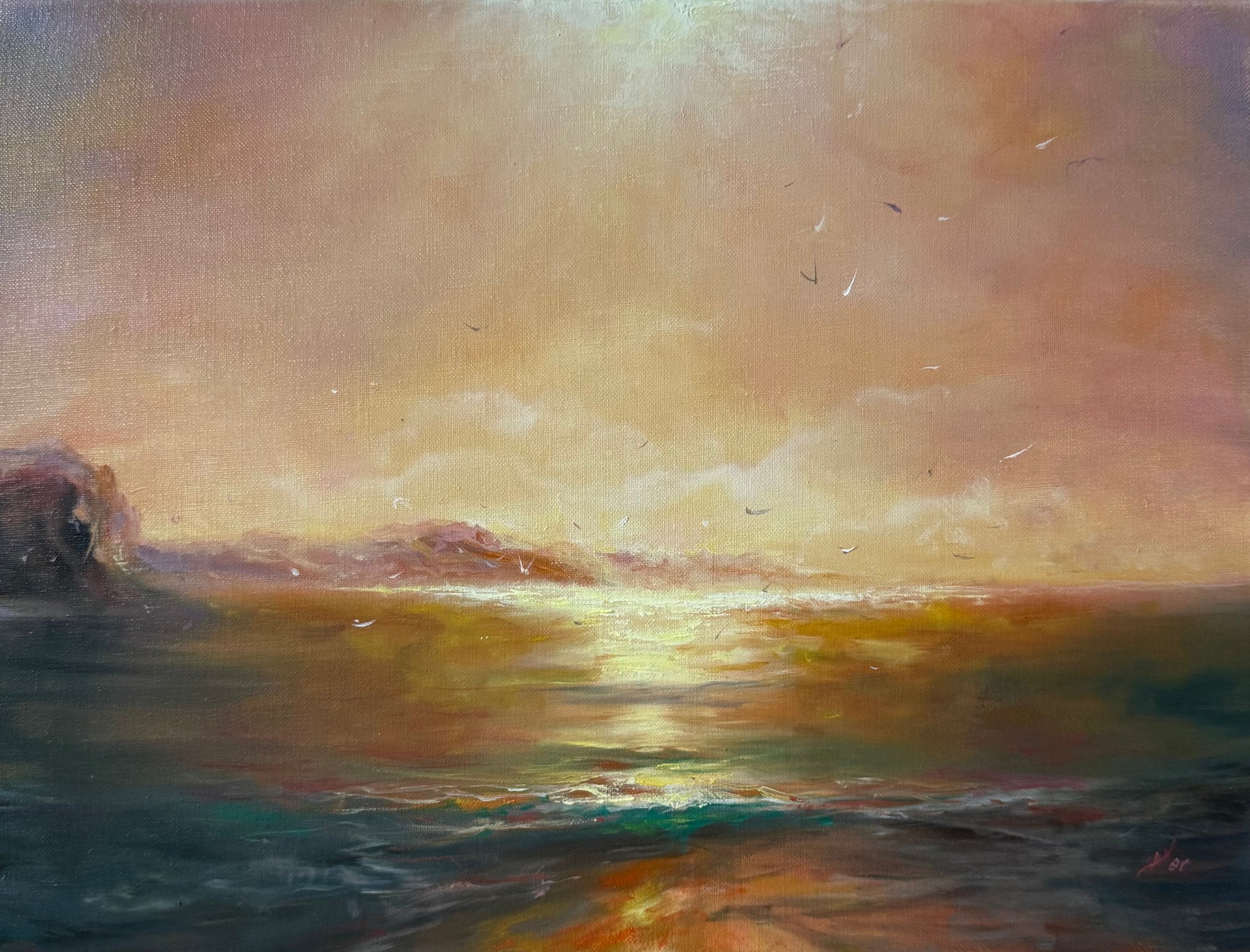 Golden Sunset over sea, seagulls flying in misty golden sky - seascape 