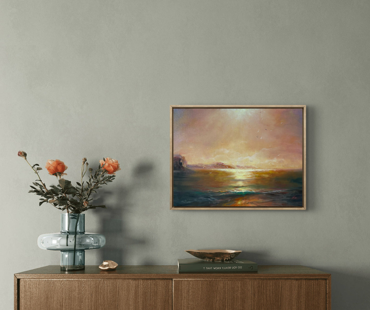 Sunset Seascape hanging above the side table 