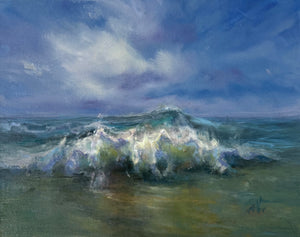 August storm. Summer memories series, 20x25.5 cm, original seascape oil painting